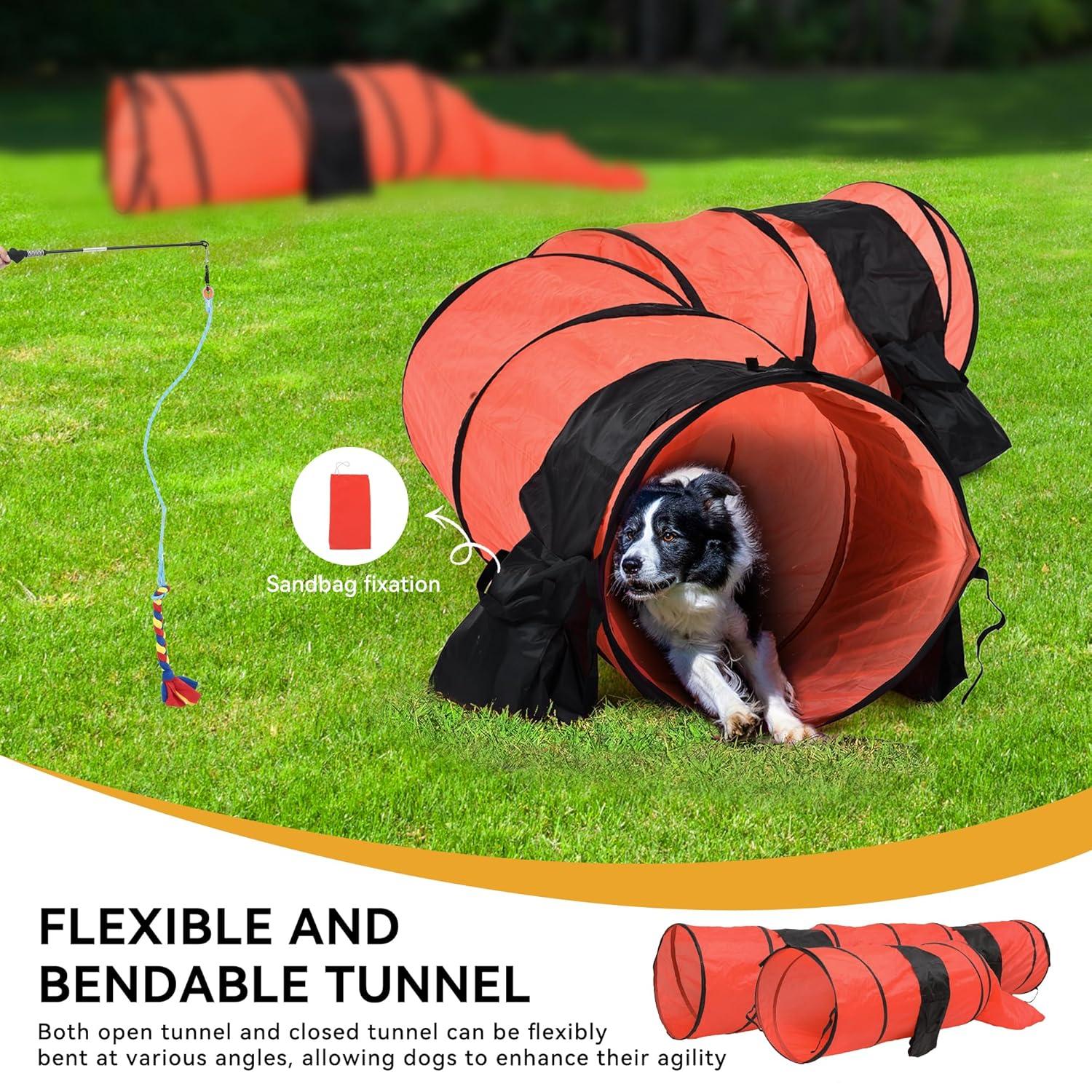 Dog Agility Equipments, Includes Flirt Pole Toy, 3 Flying Discs, 2 Agility Tunnel, 3 Jumps, 6 Weave Poles, Pause Box,Agility Course Set for Backyard, Indoor, Outdoor
