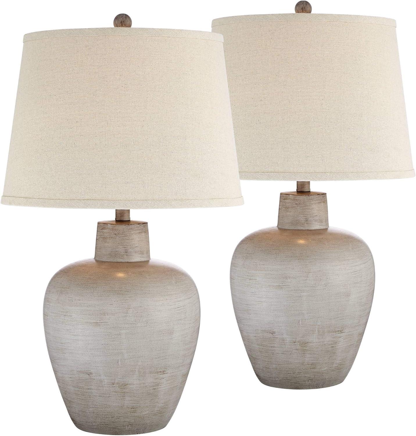 Rustic Gray Urn Table Lamps with Beige Shades, Set of 2