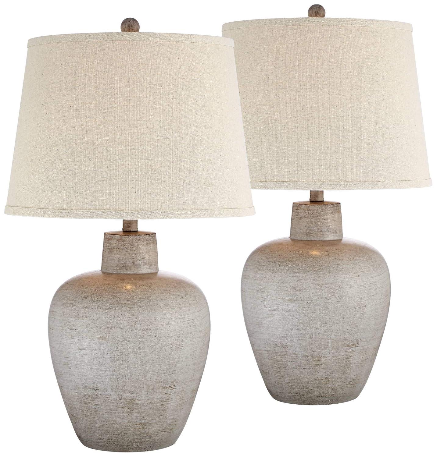 Regency Hill Glenn Rustic Country Cottage Table Lamps 27" Tall Set of 2 Brushed Gray Terra Cotta Beige Fabric Shade for Bedroom Living Room Nightstand
