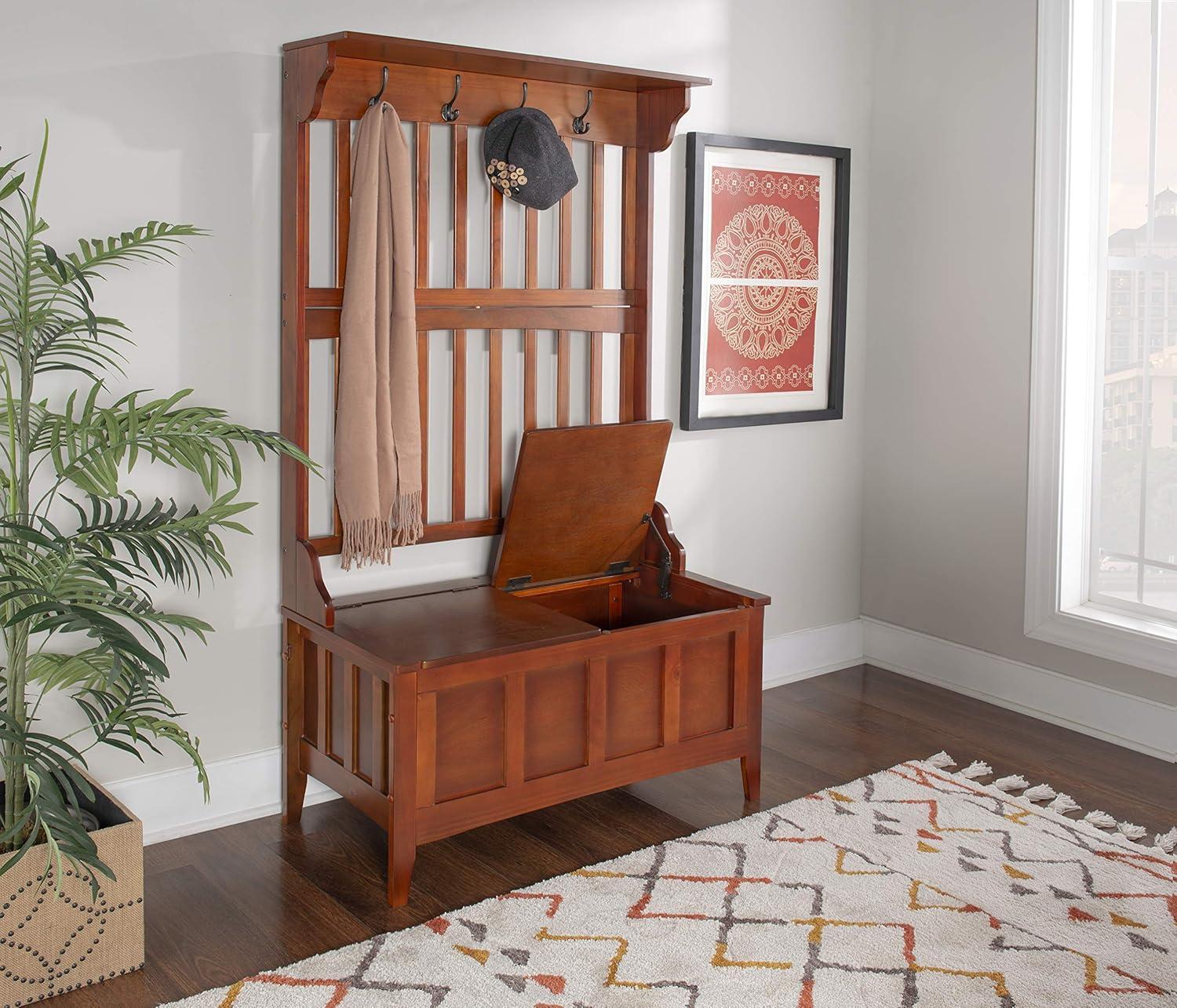 Misson Traditional 4 Double Hooks Storage Bench Top Shelf Hall Tree Walnut Finish - Linon: Entryway Organizer, Flip-up Seat