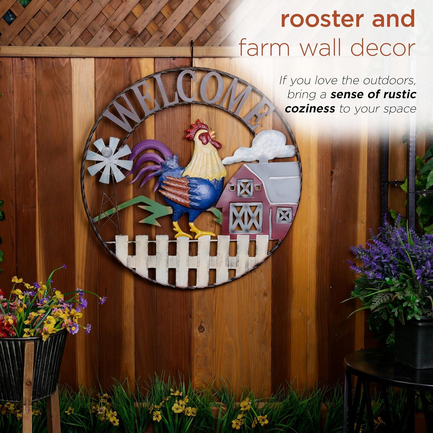 Alpine 30"H Large Round Rooster and Farm Welcome Wall Sign