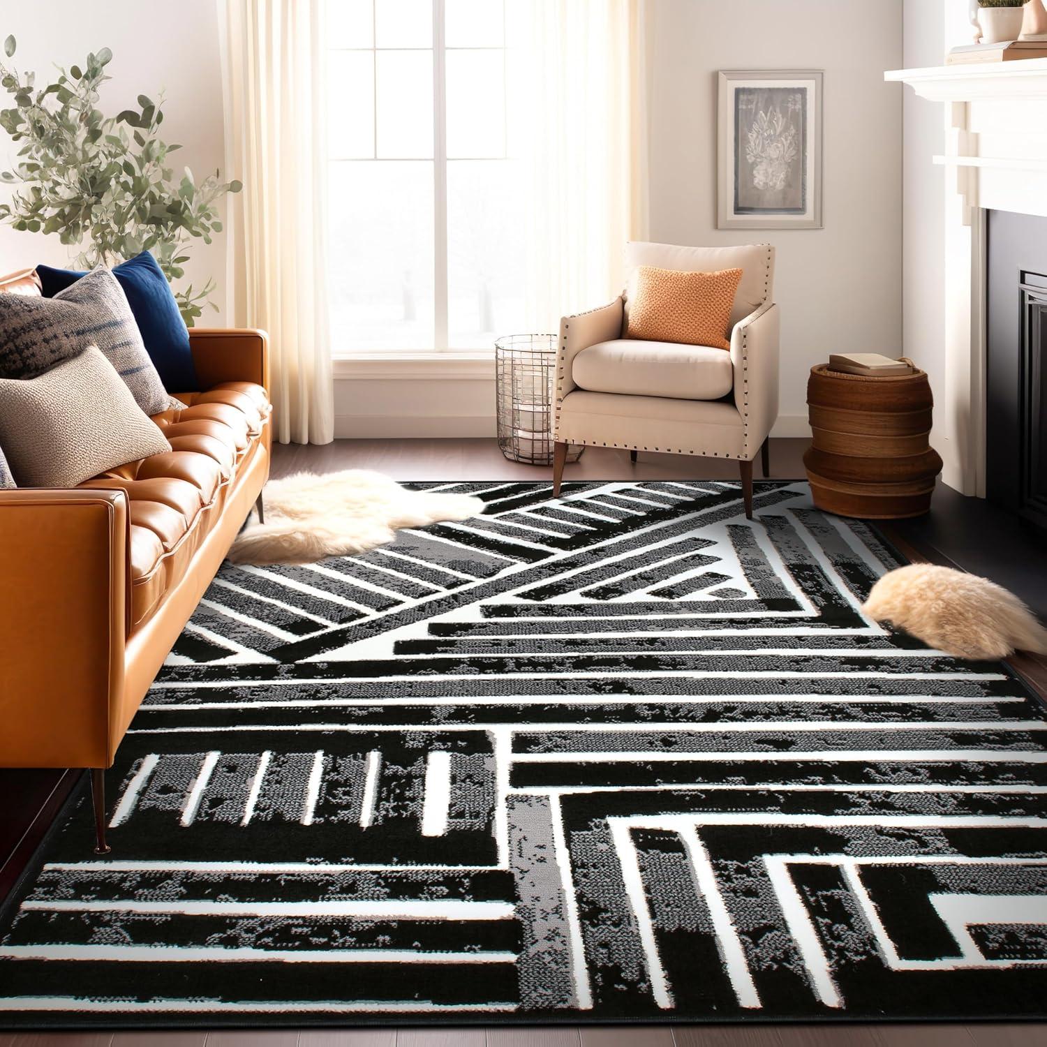 Black and White 8' x 10' Geometric Stripe Synthetic Area Rug