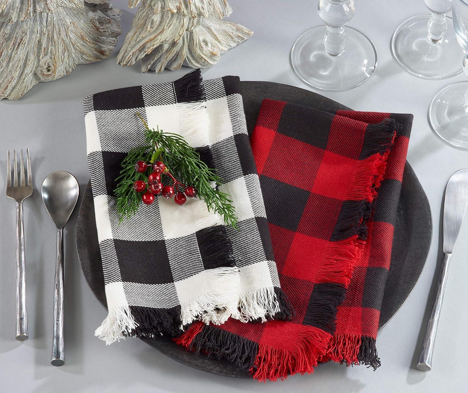 Red and Black Fringed Buffalo Plaid Cotton Napkins, Set of 4