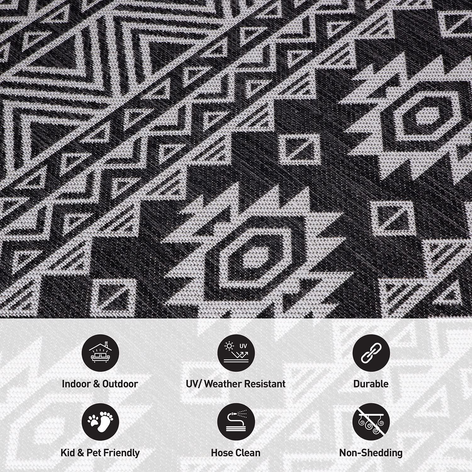 World Rug Gallery Distressed Geometric Bohemian Textured Flat Weave Indoor/Outdoor Area Rug - BLACK 5' X 7'