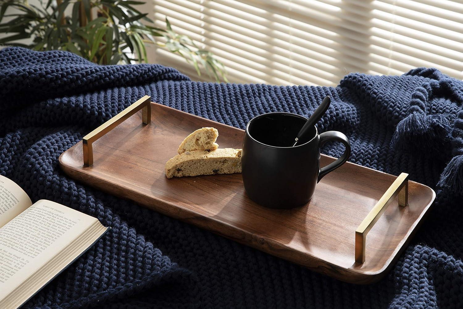 Walnut Brown Acacia Wood Rectangular Serving Tray with Gold Handles