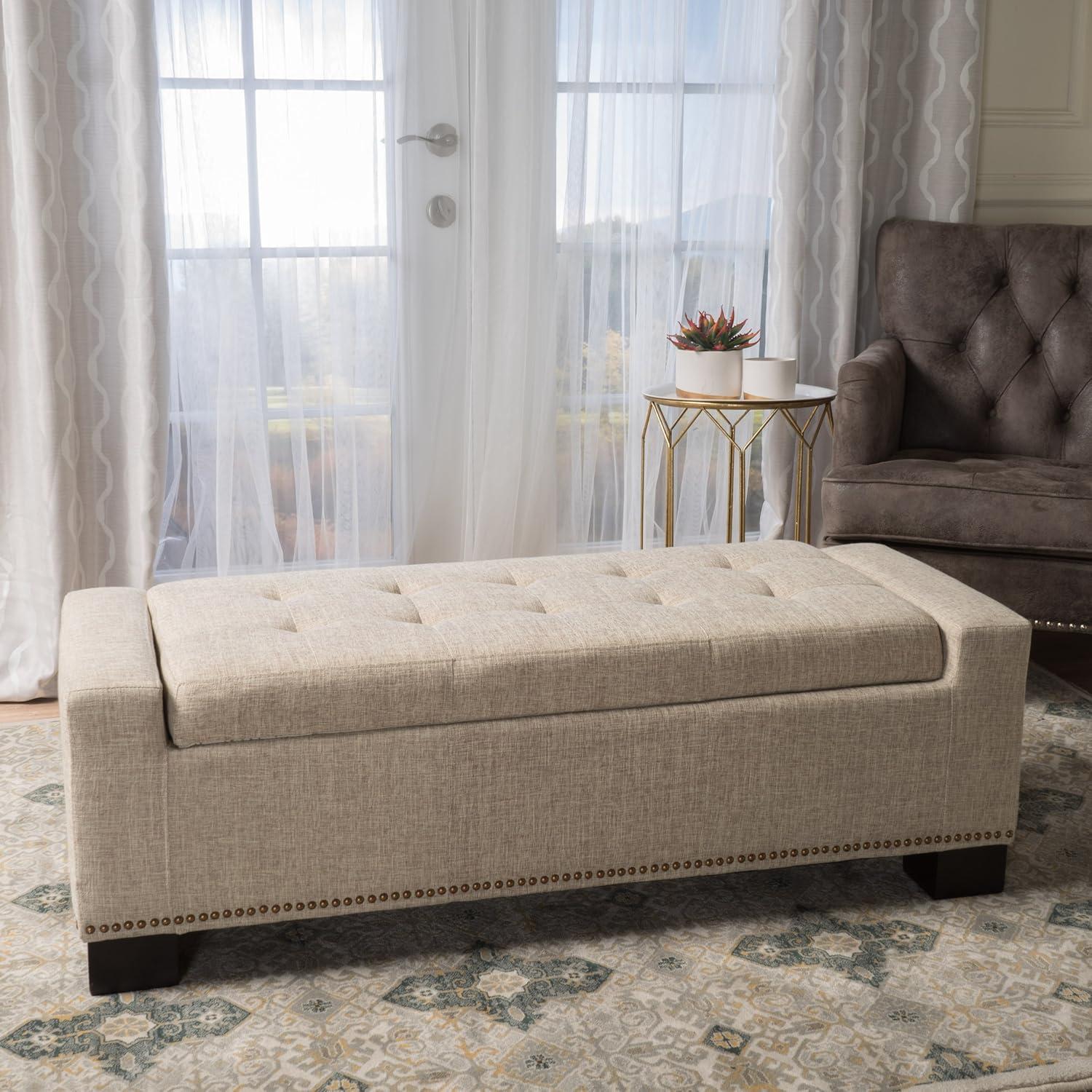 Wheat Tufted Fabric Storage Ottoman with Studs