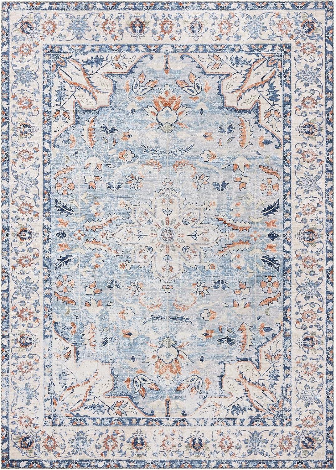 9x12 Area Rug Vintage Medallion Distressed Rug Machine Washable Area Rugs for Living Room Non-Slip Stain Resistant Accent Rug, Blue