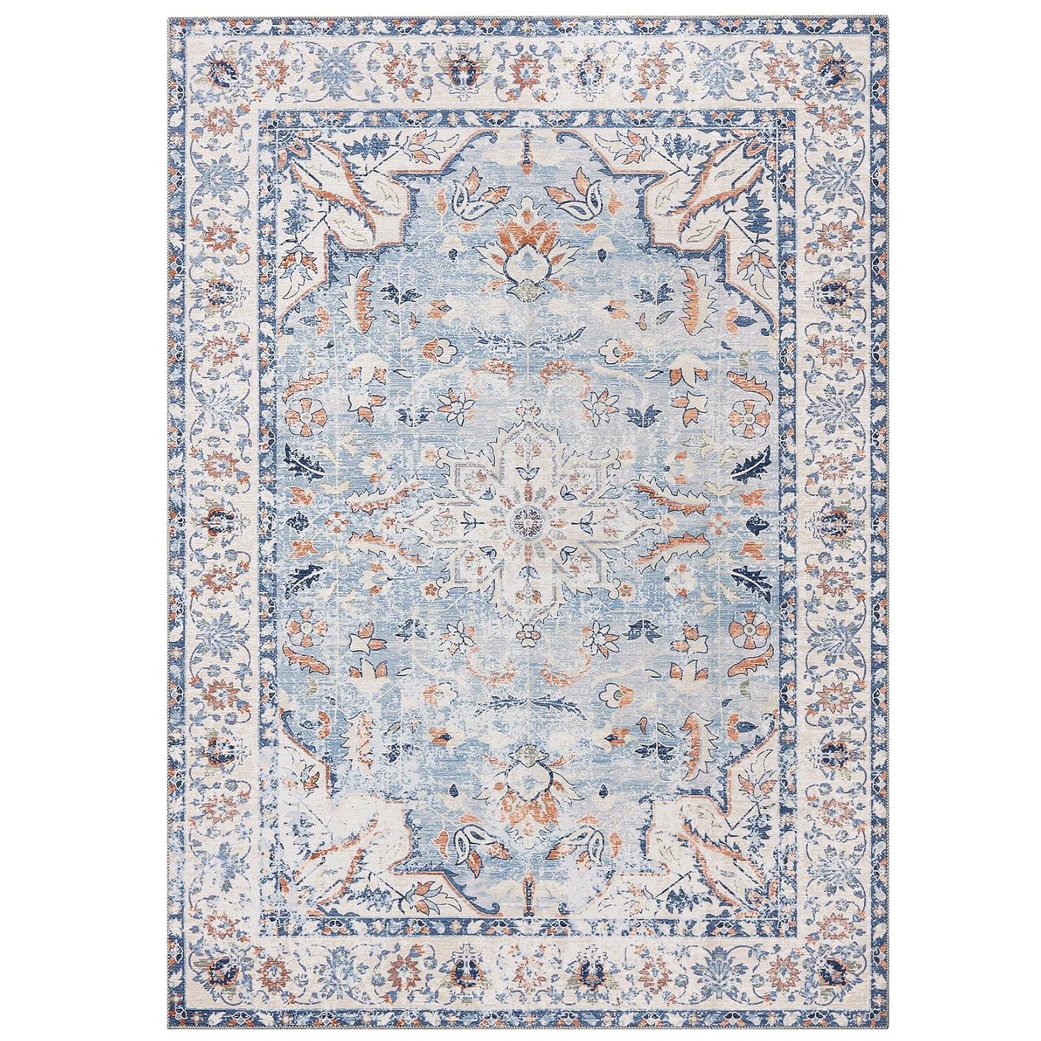 9x12 Area Rug Vintage Medallion Distressed Rug Machine Washable Area Rugs for Living Room Non-Slip Stain Resistant Accent Rug, Blue