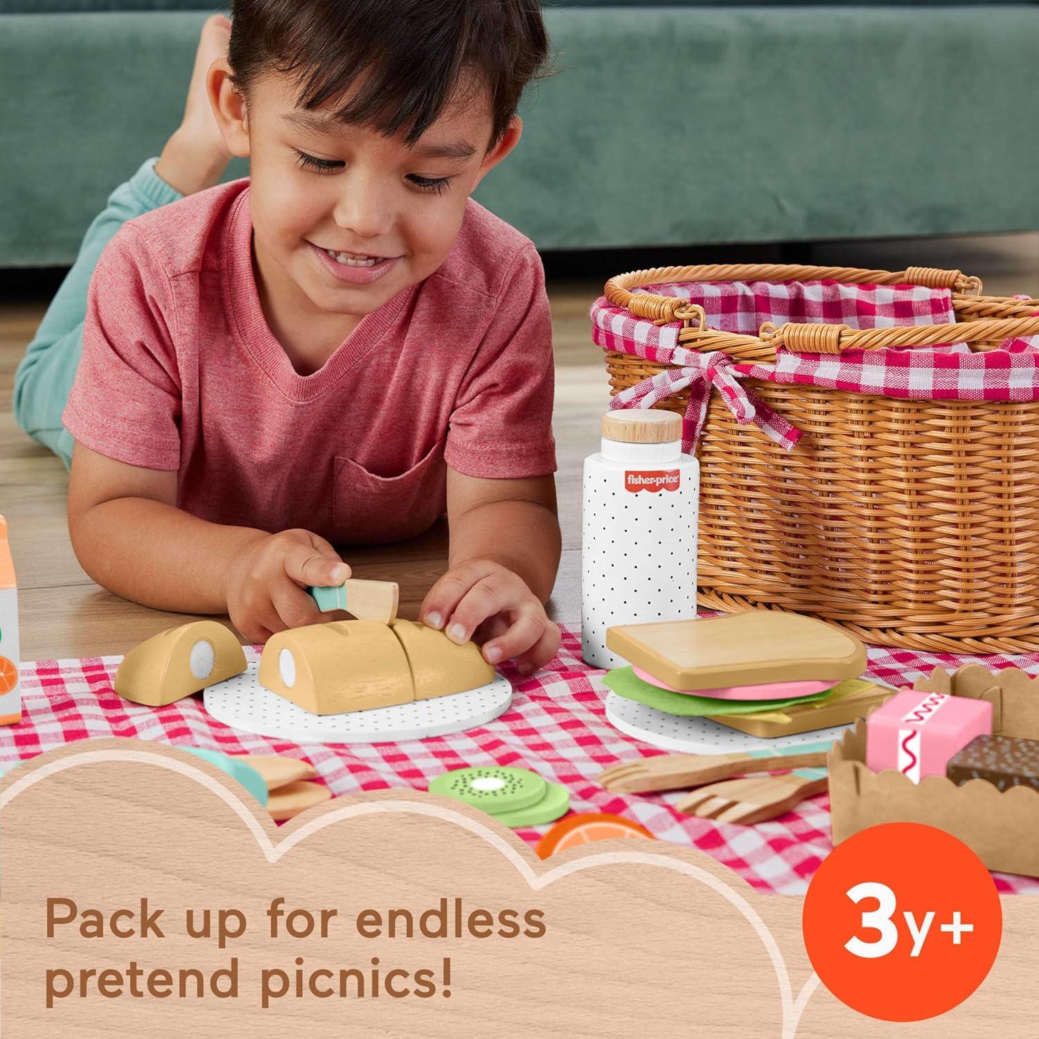 Fisher-Price Wooden Picnic Basket and Food Pretend Play Set for Preschool Kids, 31 Pieces