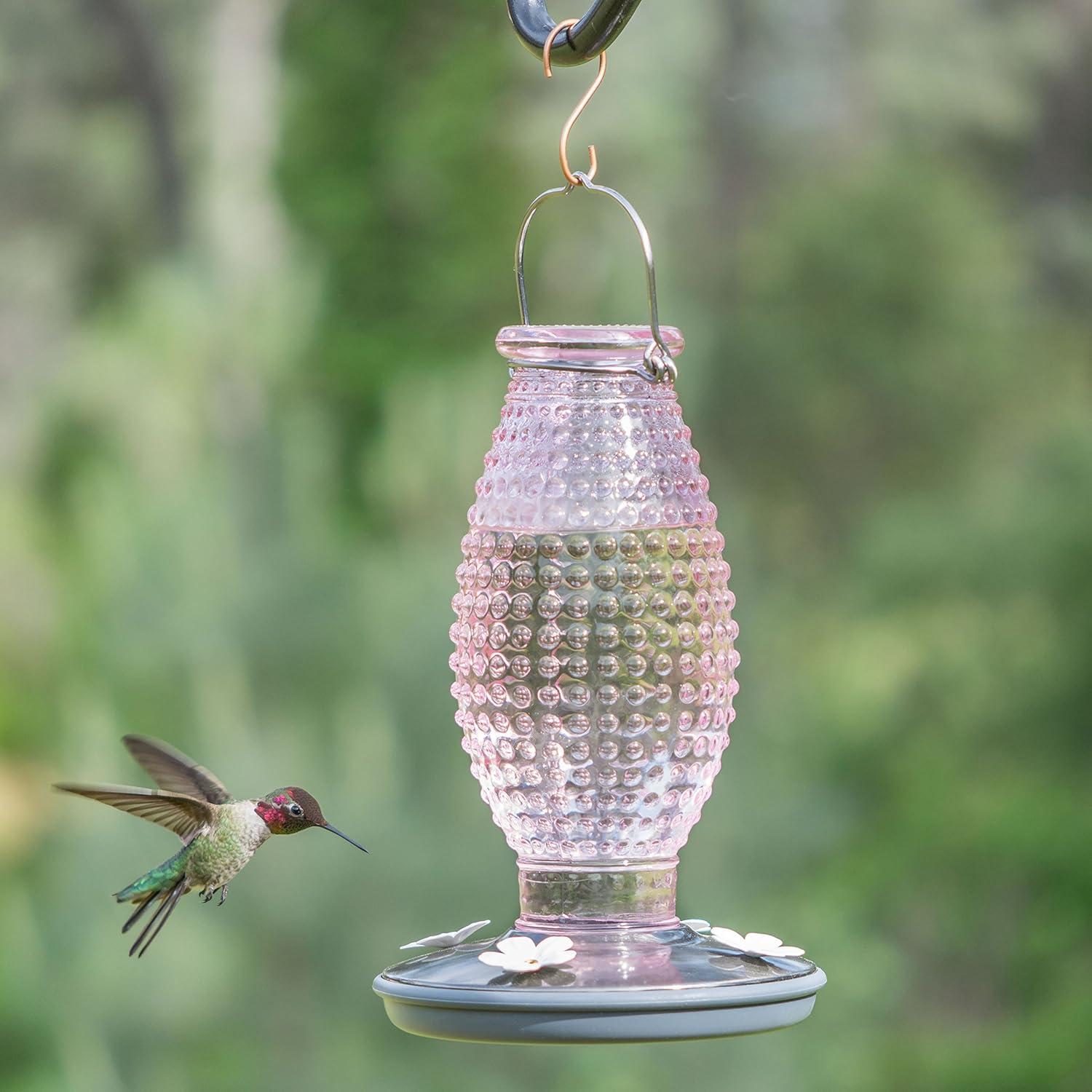 Cranberry Hobnail Glass and Metal Hummingbird Feeder