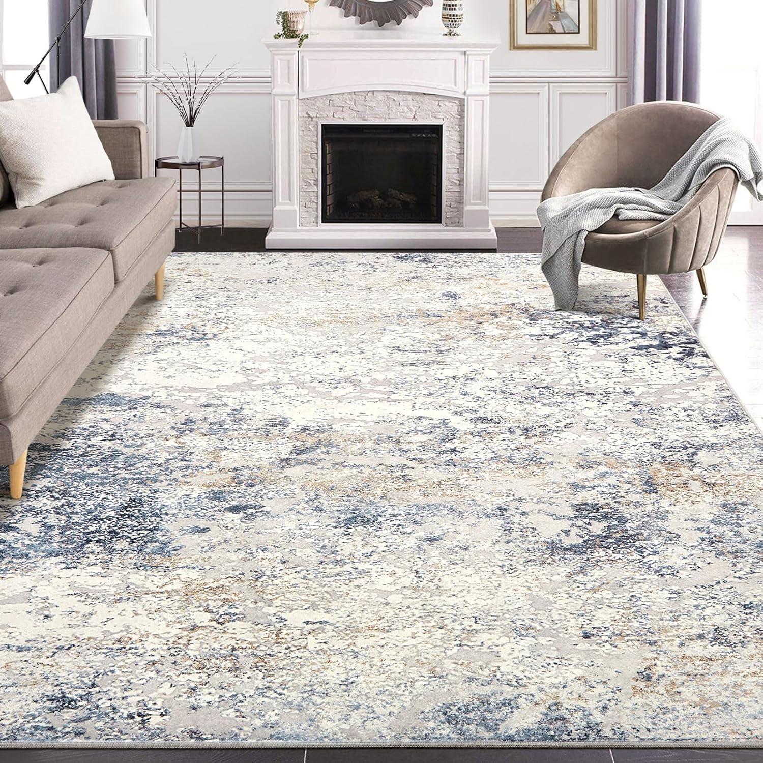 Area Rug Living Room Rugs - 5x7 Abstract Large Soft Indoor Washable Rug Neutral Modern Low Pile Carpet for Bedroom Dining Room Farmhouse Home Office - Beige Blue