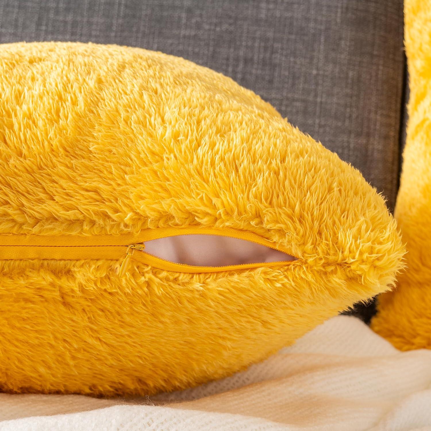 PAVILIA Set of 2 Fluffy Throw Pillow Covers, Decorative Faux Shearling Fur Square Cushion Accent for Bed Sofa Couch, Yellow/20 x 20