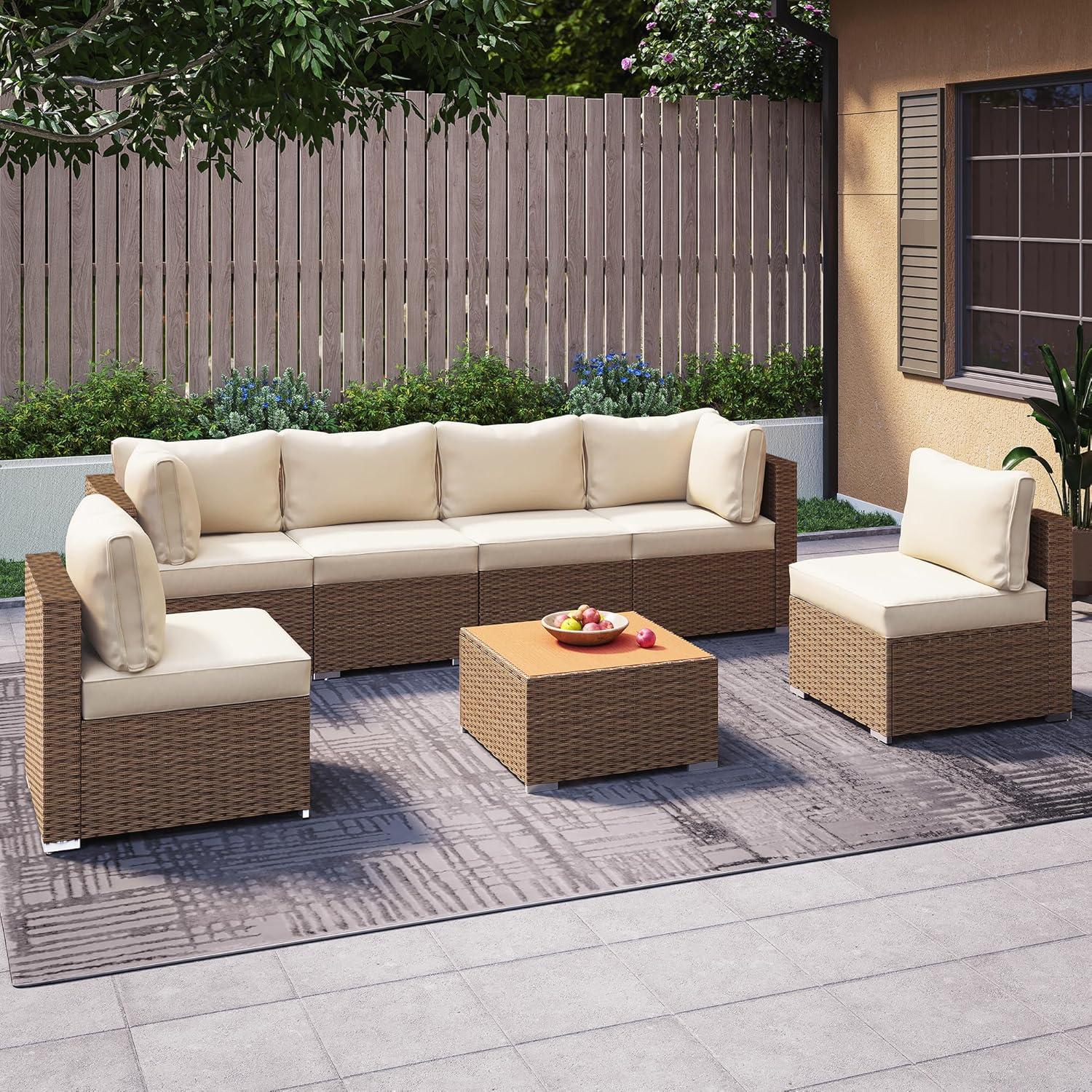 LAUSAINT HOME 7 Pieces Patio Conversation Set, Outdoor Sectionals with 6 Chairs and 1 Coffee Table, Beige Cushions & Brown Wicker