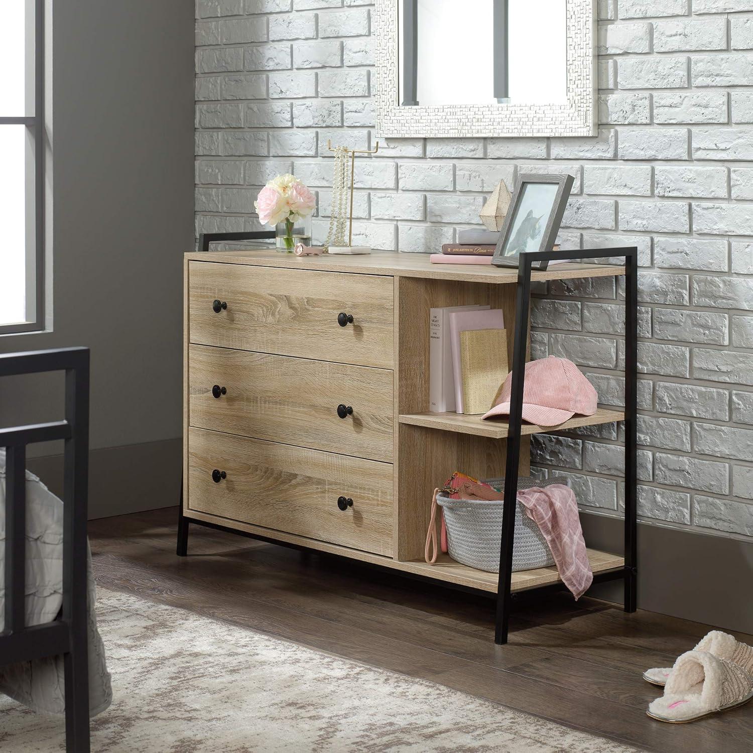 Charter Oak and Black Metal 3-Drawer Dresser with Open Shelves