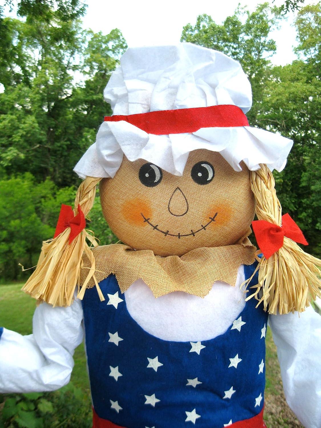 60" Large Sitting Scarecrow Mrs. Uncle Sam Patriotic Americana Fall Decoration 5'