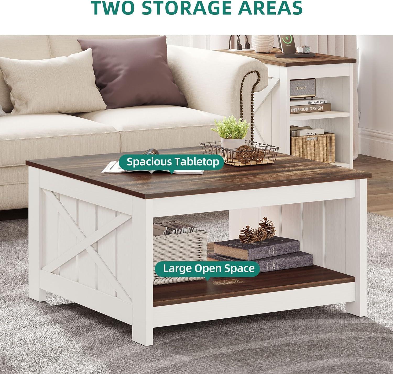 YITAHOME Coffee Table Farmhouse Coffee Table with Storage Rustic Wood Cocktail Table, Square Coffee Tables for Living Meeting Room with Half Open Storage Compartment, Brown with White