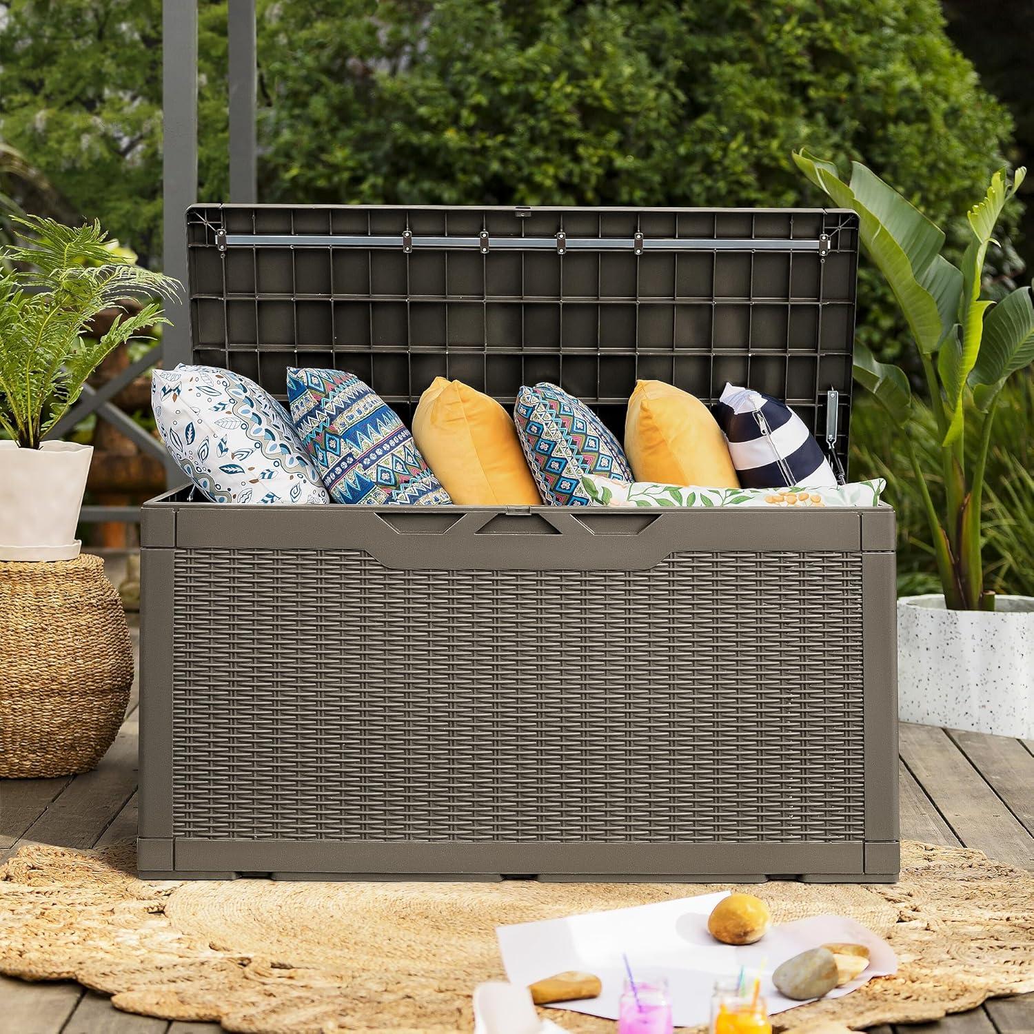 Flamaker Deck Box with Cushion 100 Gallon Waterproof Resin Storage Box with Air Rod Indoor Outdoor Lockable Storage Bench for Patio Furniture, Tools, Pool Accessories (Black)