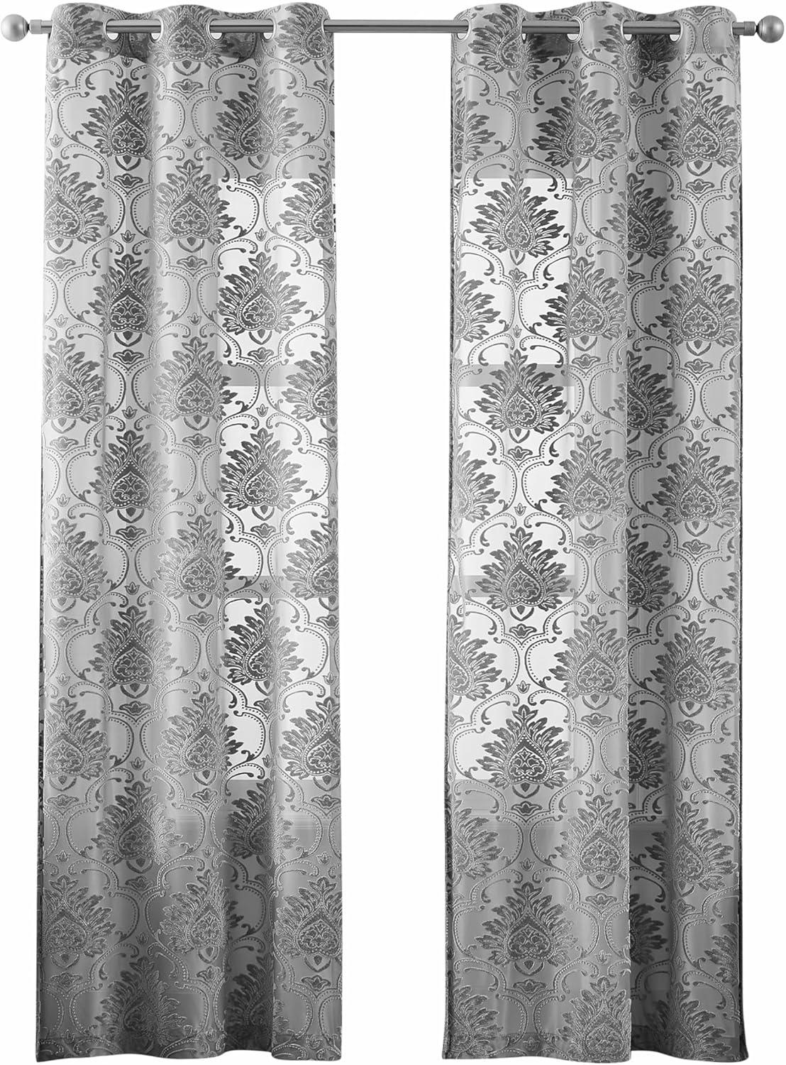 Silver Sheer Velvet Floral Grommet Window Panels