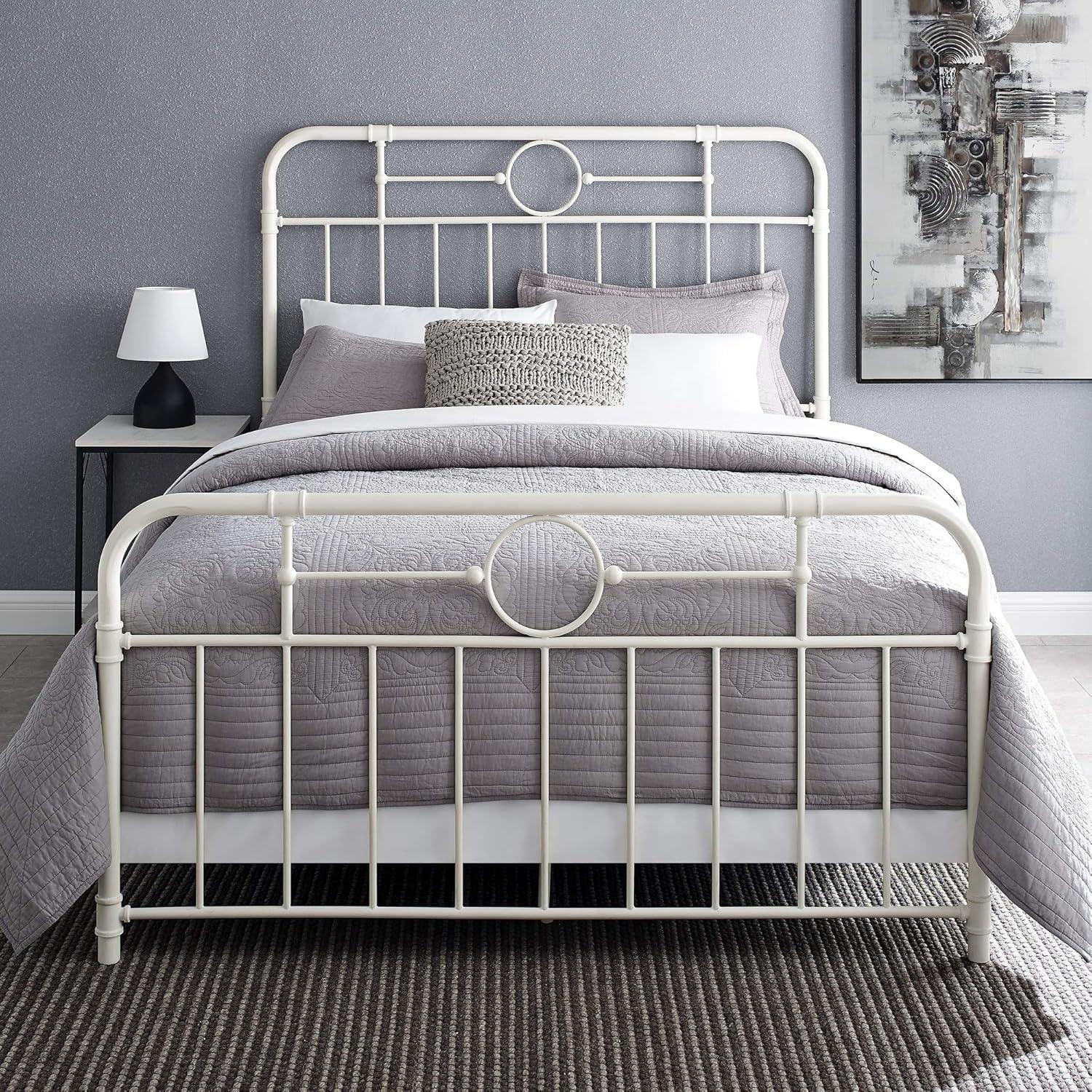 Antique White Metal Pipe Queen Bed with Powder Coated Finish