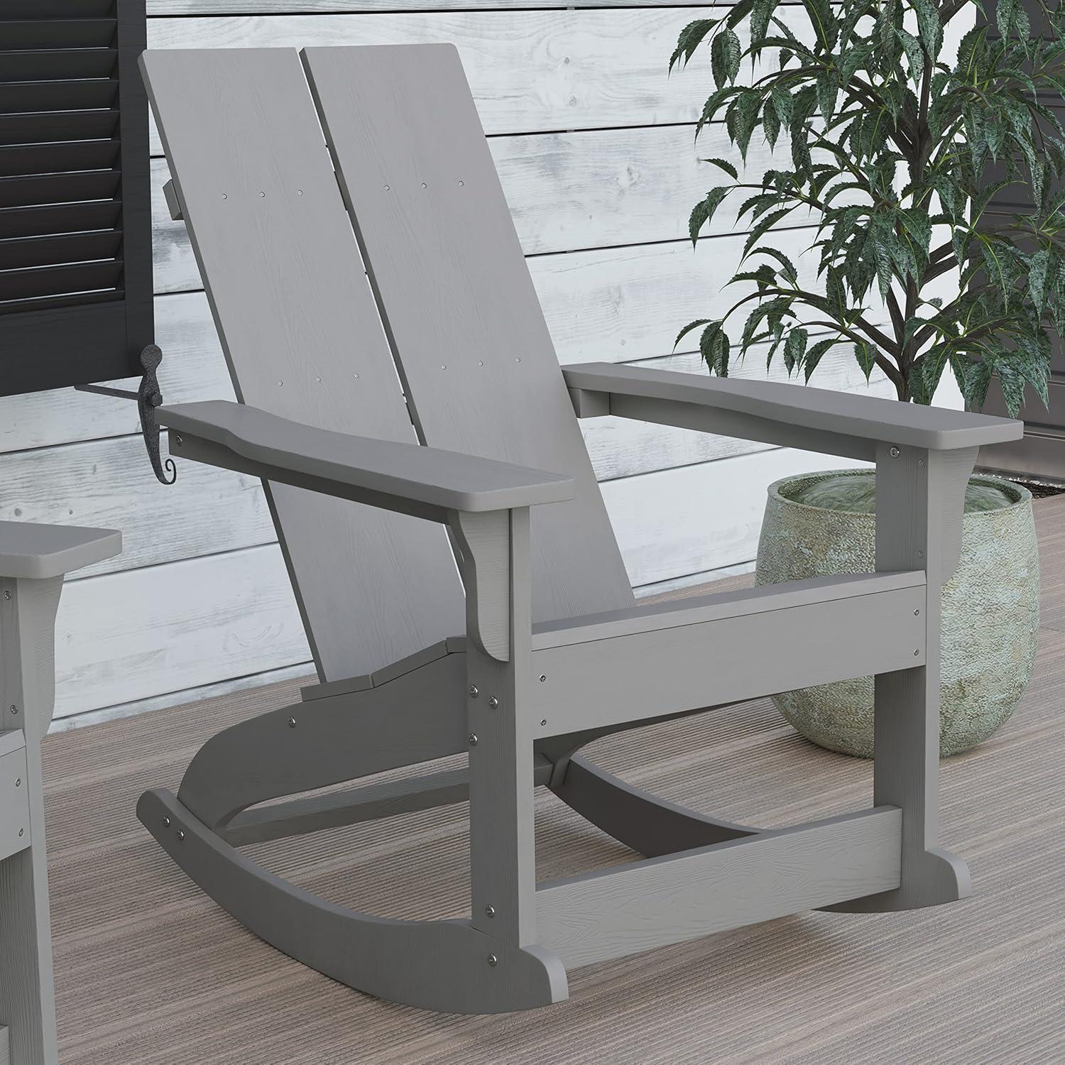 Flash Furniture Finn Modern All-Weather 2-Slat Poly Resin Wood Rocking Adirondack Chair with Rust Resistant Stainless Steel Hardware in Gray