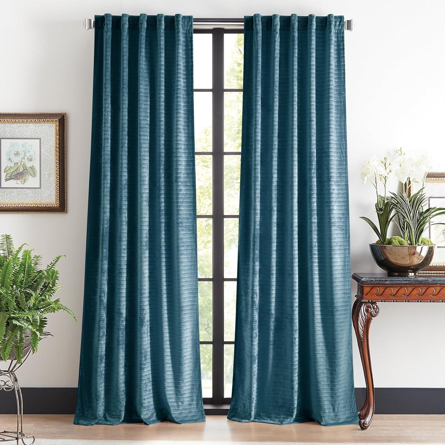 Martha Stewart Martha Stewart Wave Embossed Blue Curtain Panel Pair (Set of 2)