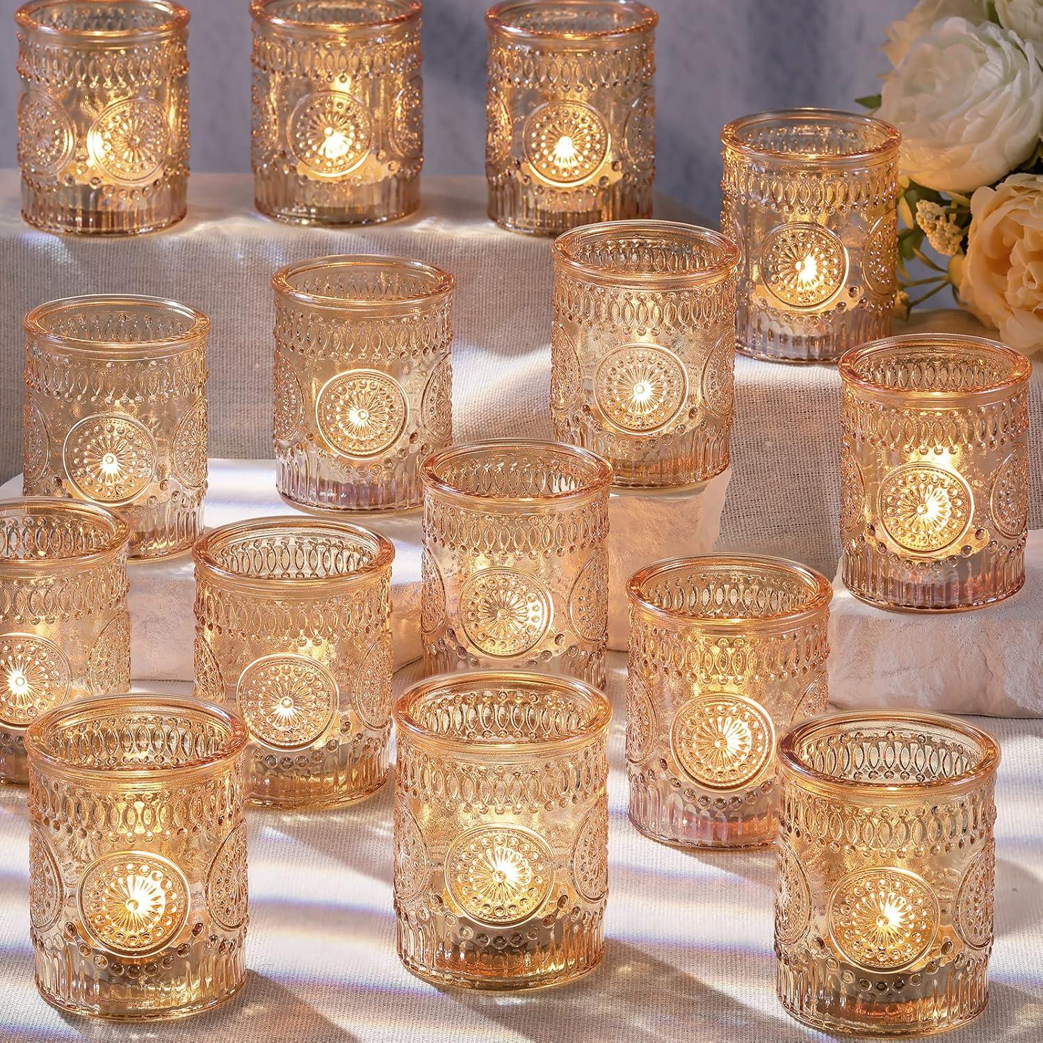 Gold Embossed Glass Tealight Candle Holders Set of 36