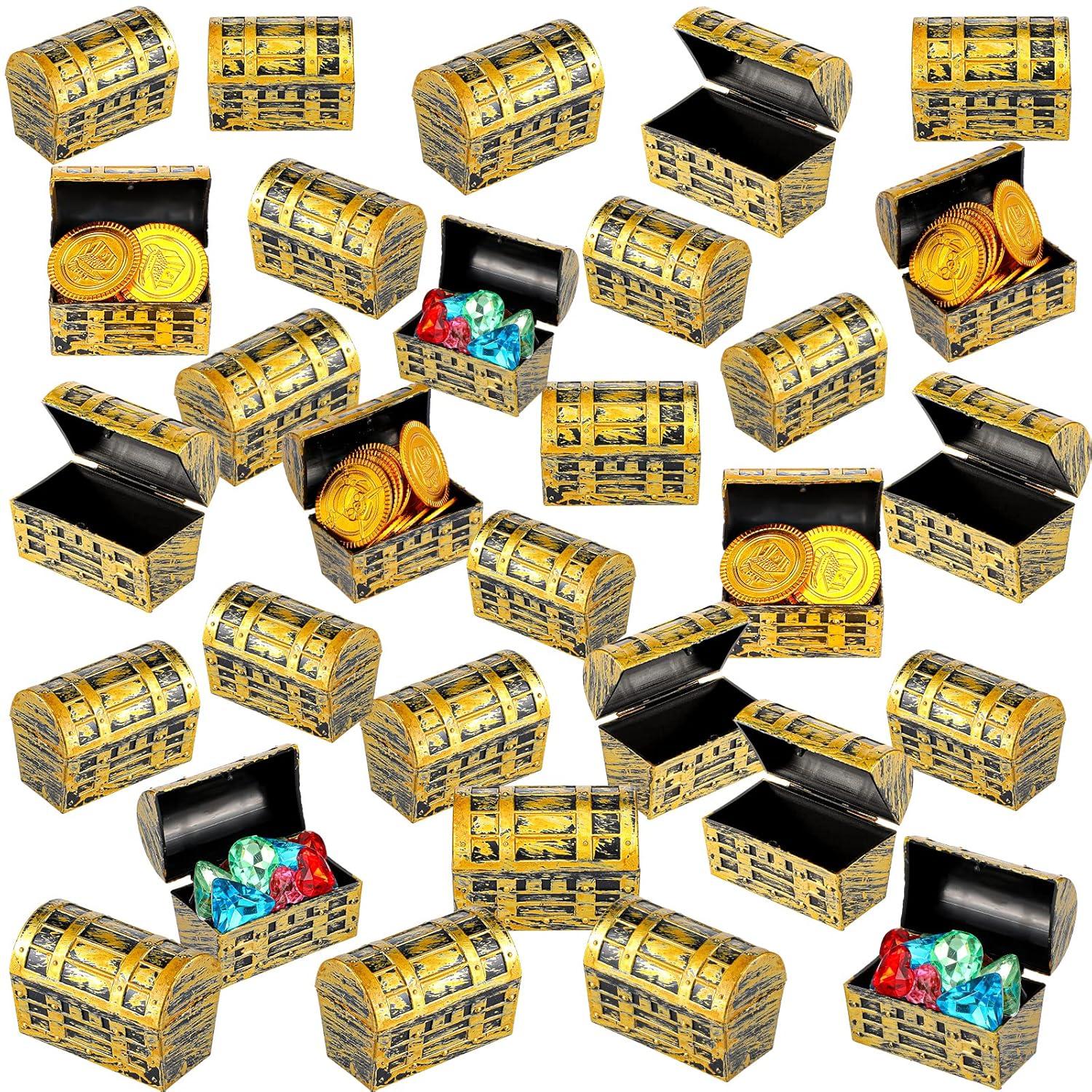 32 Pieces Mini Pirate Treasure Chests 2.3 Inch Plastic Treasure Chests with a Gold Finish Vintage Pirate Jewelry Box for Halloween Birthday Christmas Party Favors Trinkets Supplies for Boys Girls