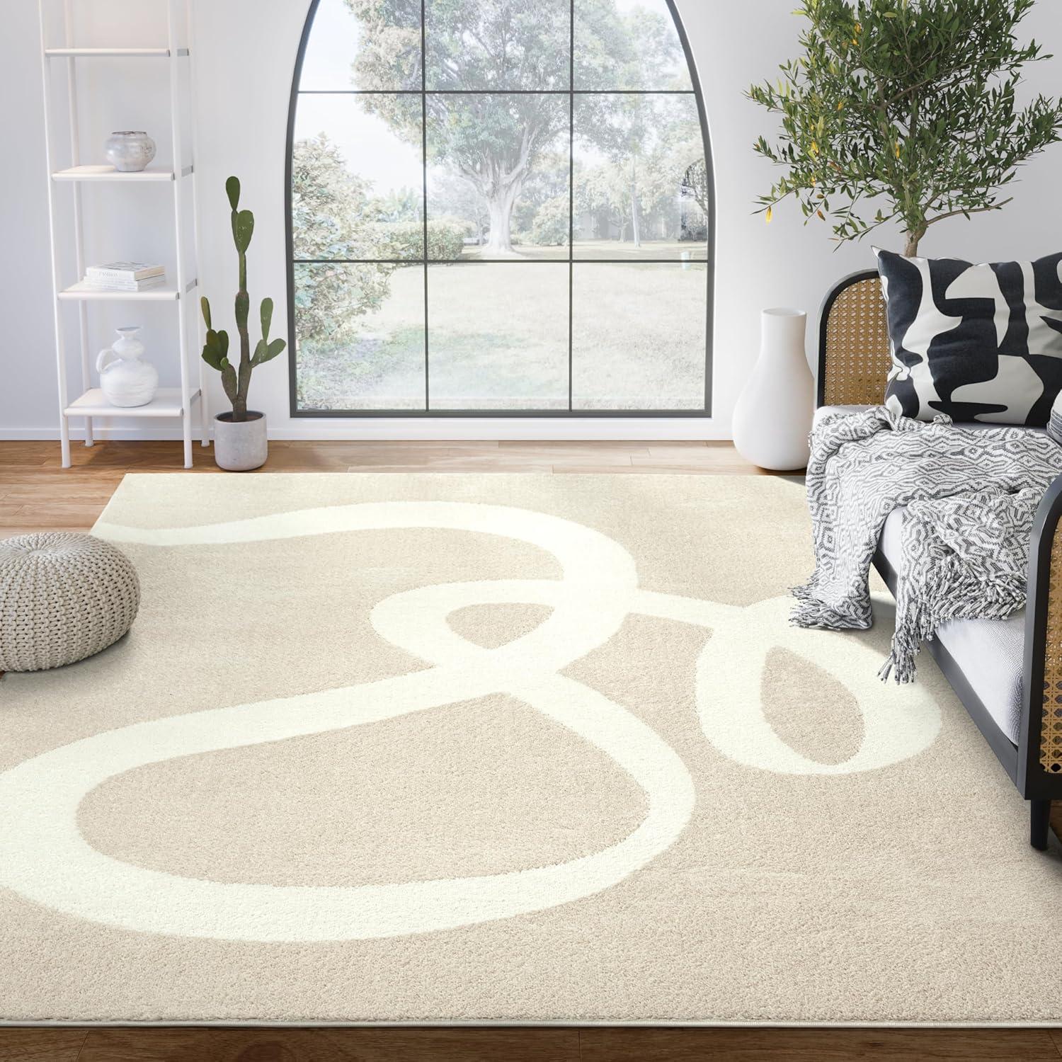 Beige and Cream Abstract 4' x 6' Machine Made Area Rug