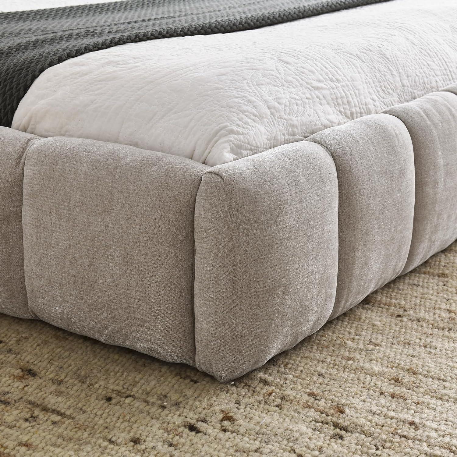 Kumix Queen Size Platform Bed, Upholstered Platform Bed with Thick Fabric, Chenille Fabric Grounded for Kids Teens Adults, Queen Platform Bed Frame with Headboard and Solid Frame, Beige