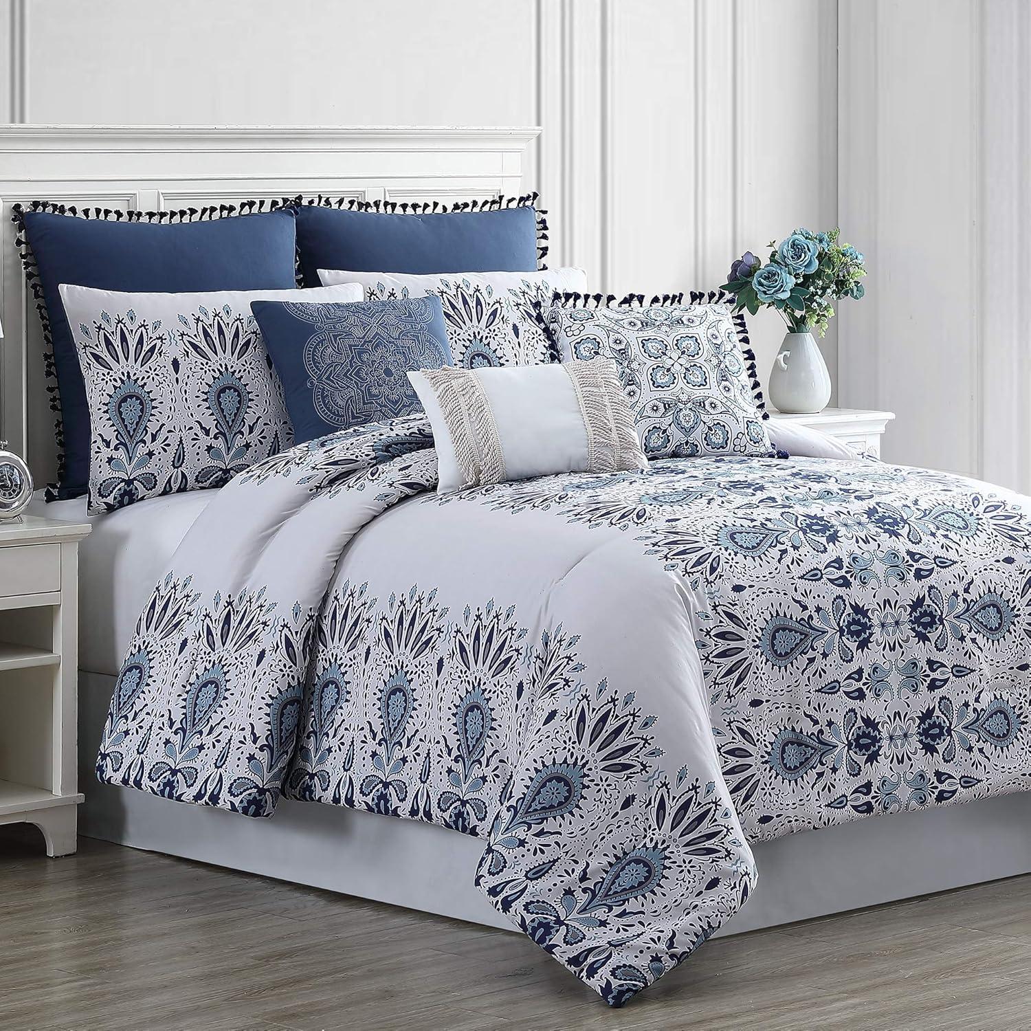 Karina King White and Blue Microfiber Reversible Comforter Set