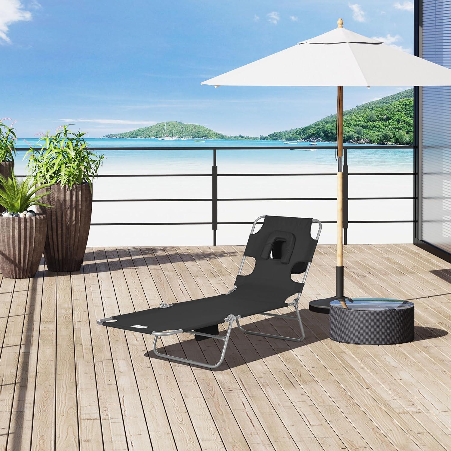 Outsunny Folding Beach Lounge Chair with Face Hole and Arm Slots, 5-Level Adjustable Sun Lounger Tanning Chair with Pillow for Patio, Garden, Beach, Pool, Dark Blue