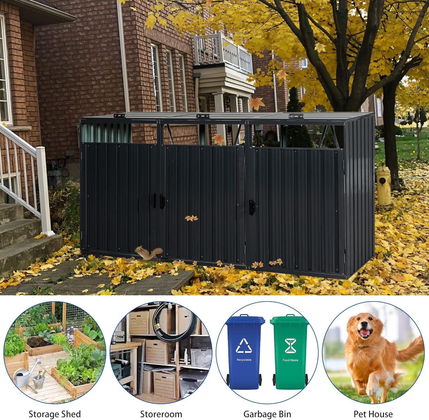 HLILish Garbage Bin Shed Stores 3 Trash Cans Metal Outdoor Bin Shed For Garbage Storage,Stainless Galvanized Steel, Bin Shed For Garden Yard Lawn