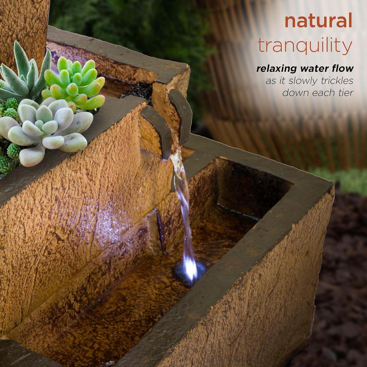 Rustic Brown Solar-Powered Tiered Fountain with LED Lights