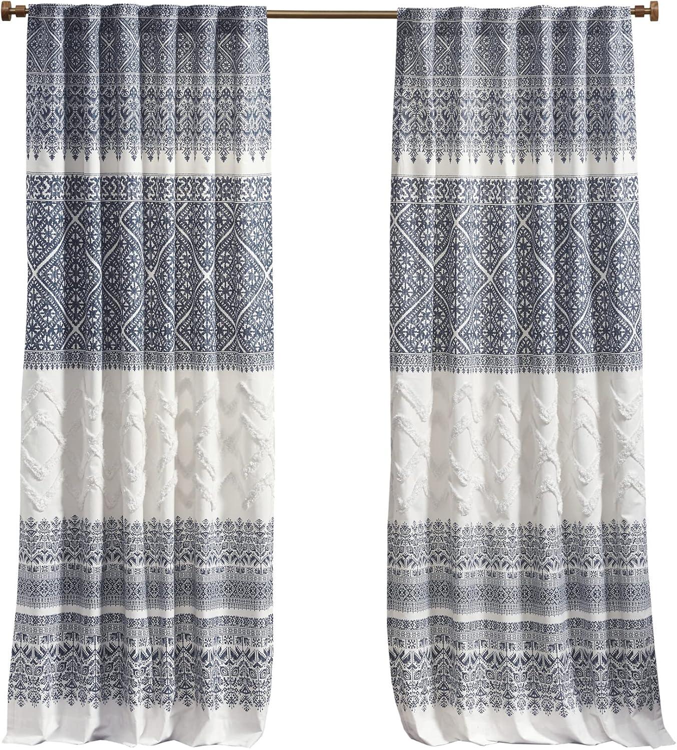 Navy and White Cotton Boho Chenille Curtain Panel