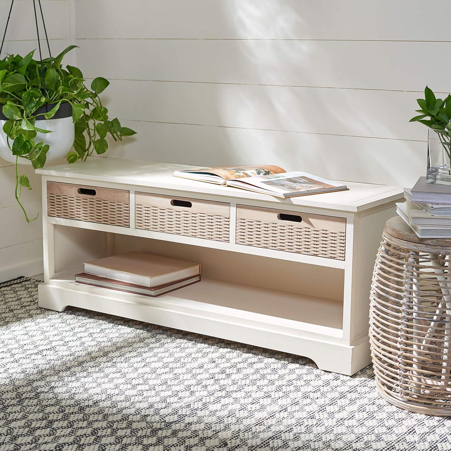 SAFAVIEH Landers Solid Classic 3 Drawer Storage Bench, Distressed White