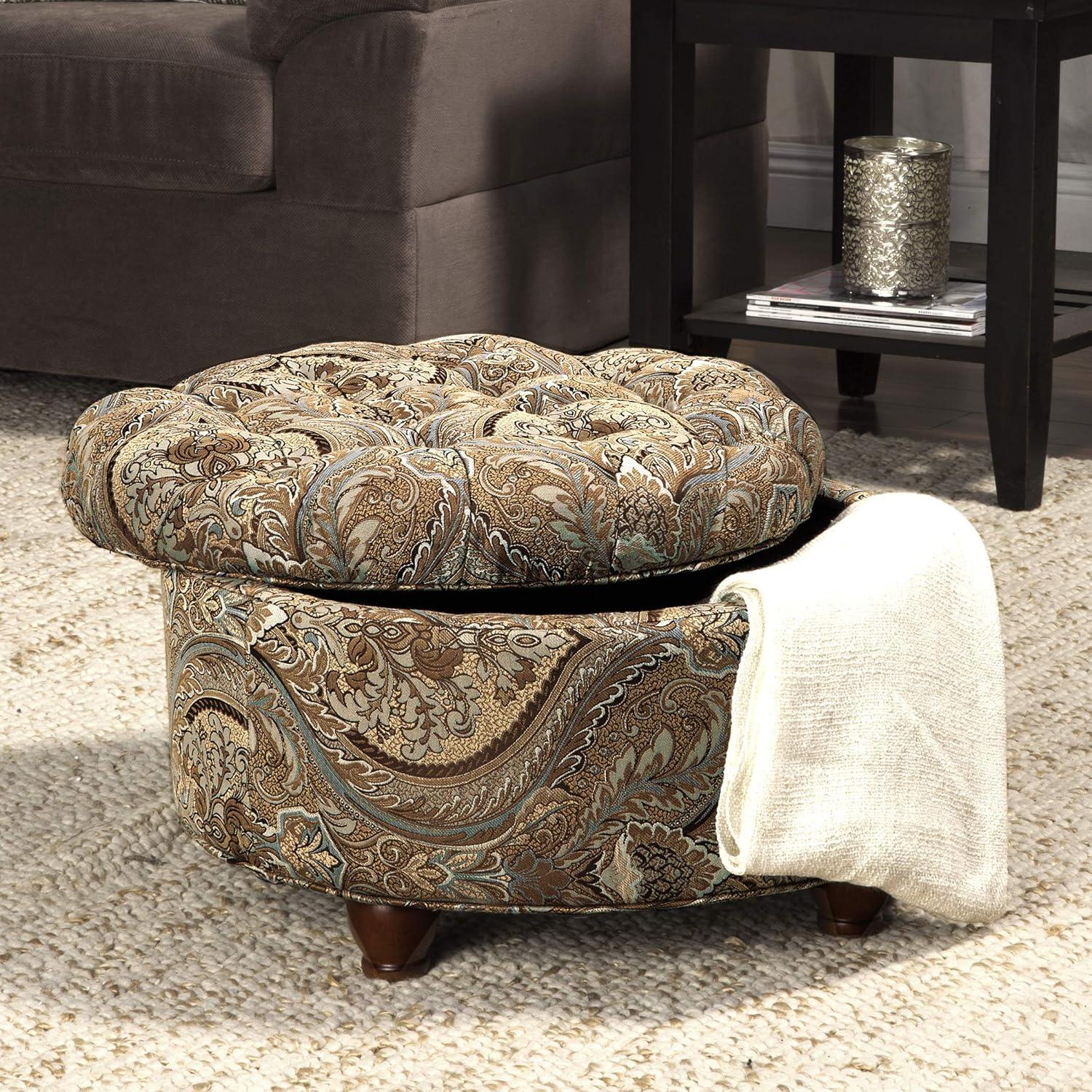 Brown and Teal Paisley Tufted Round Storage Ottoman