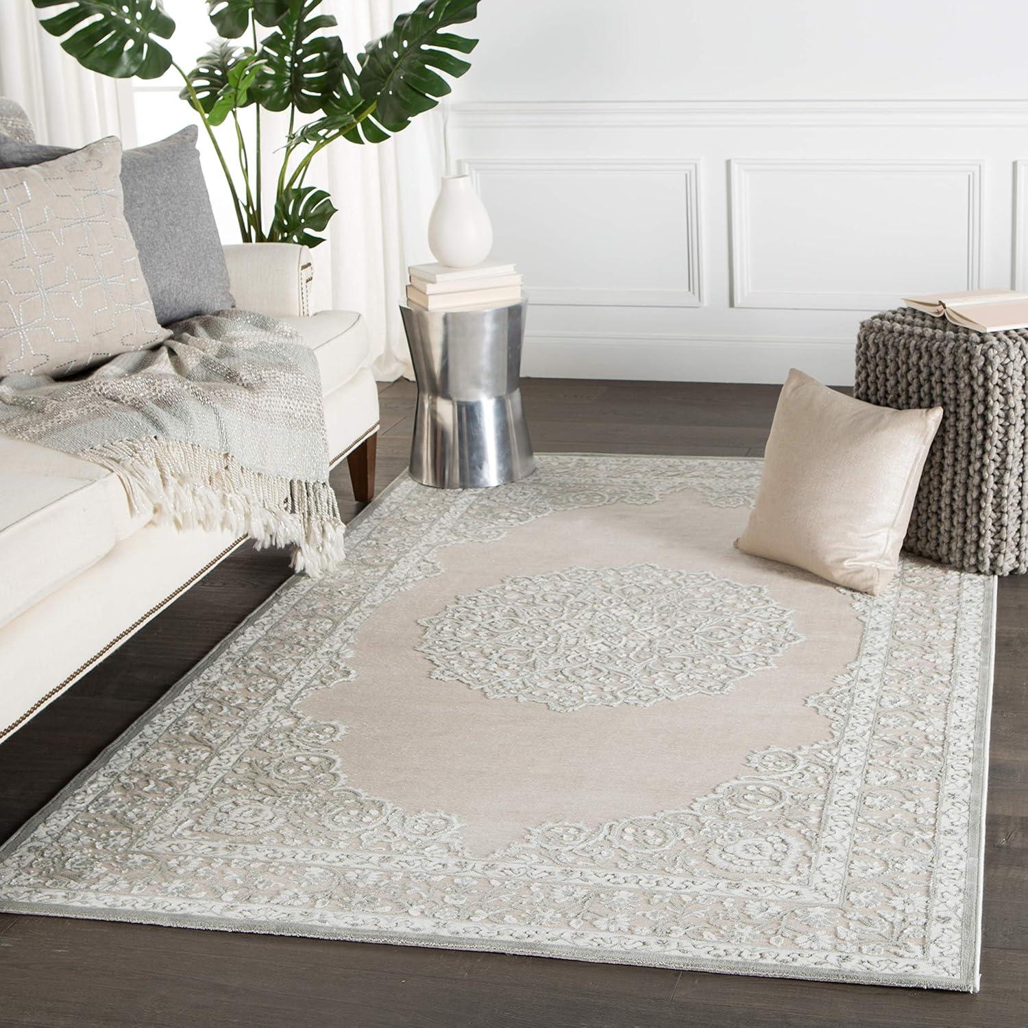 Dove Gray Tufted Medallion Chenille Area Rug 5' x 7'