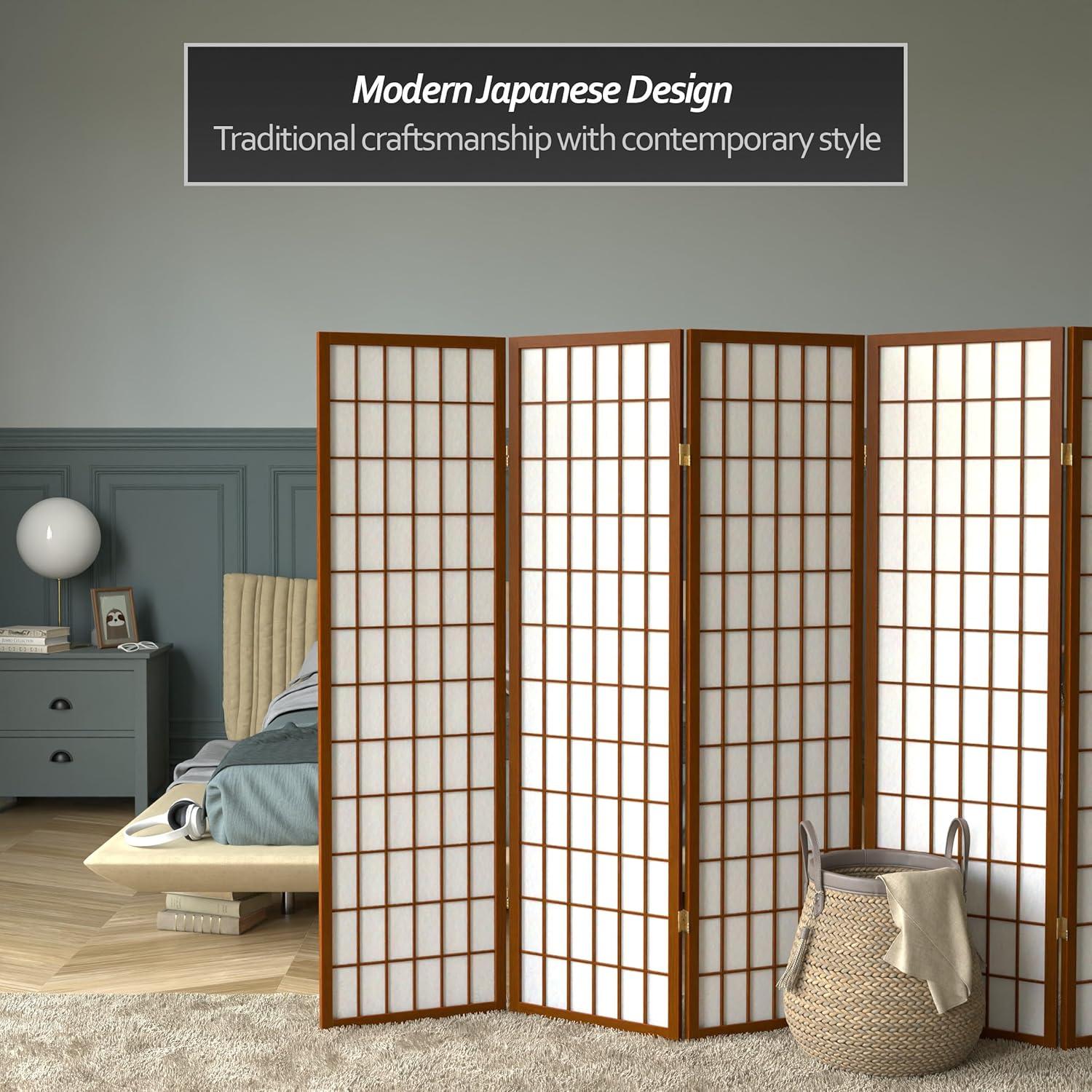 Oriental Furniture 5 ft. Tall Window Pane Shoji Screen - Walnut - 5 Panel