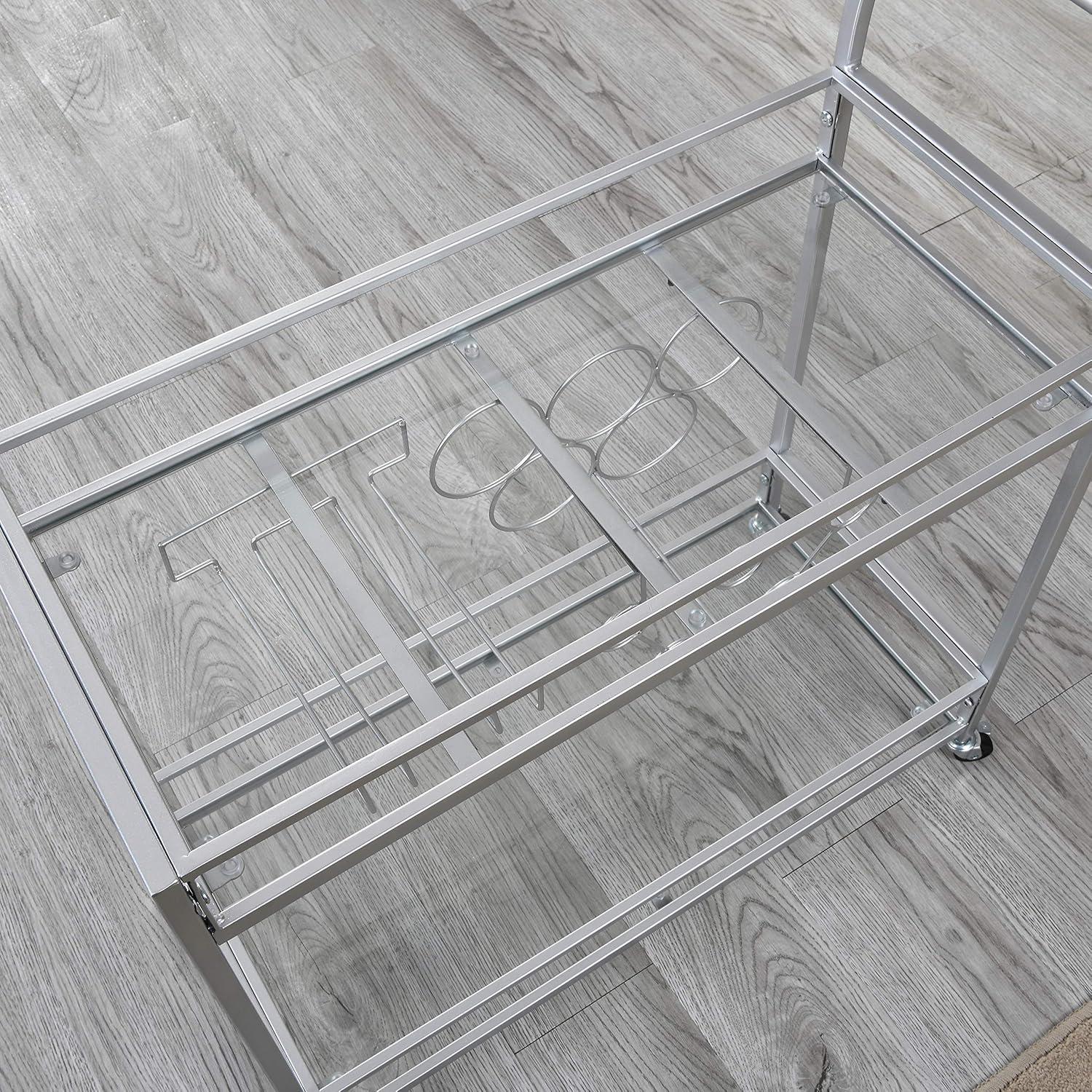 Silver Metal and Glass Bar Cart with Wine Rack