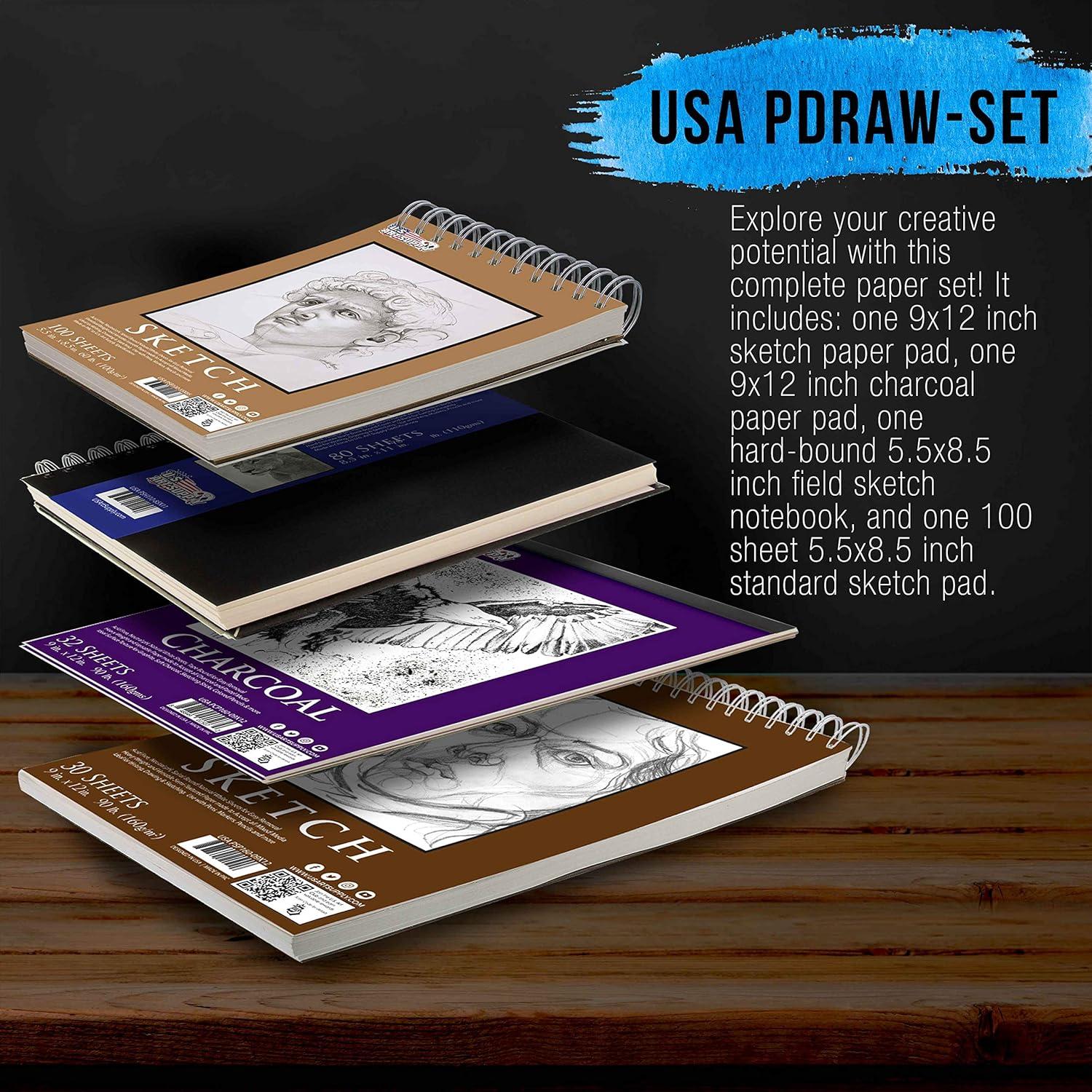 U.S. Art Supply Set of 4 Different Styles of Sketching and Drawing Paper Pads (242 Sheets Total) - 2 Each 5.5" x 8.5" and 9" x 12" Premium Spiral Bound Sketch, Draw, Charcoal Pencil, Mixed Media Pads