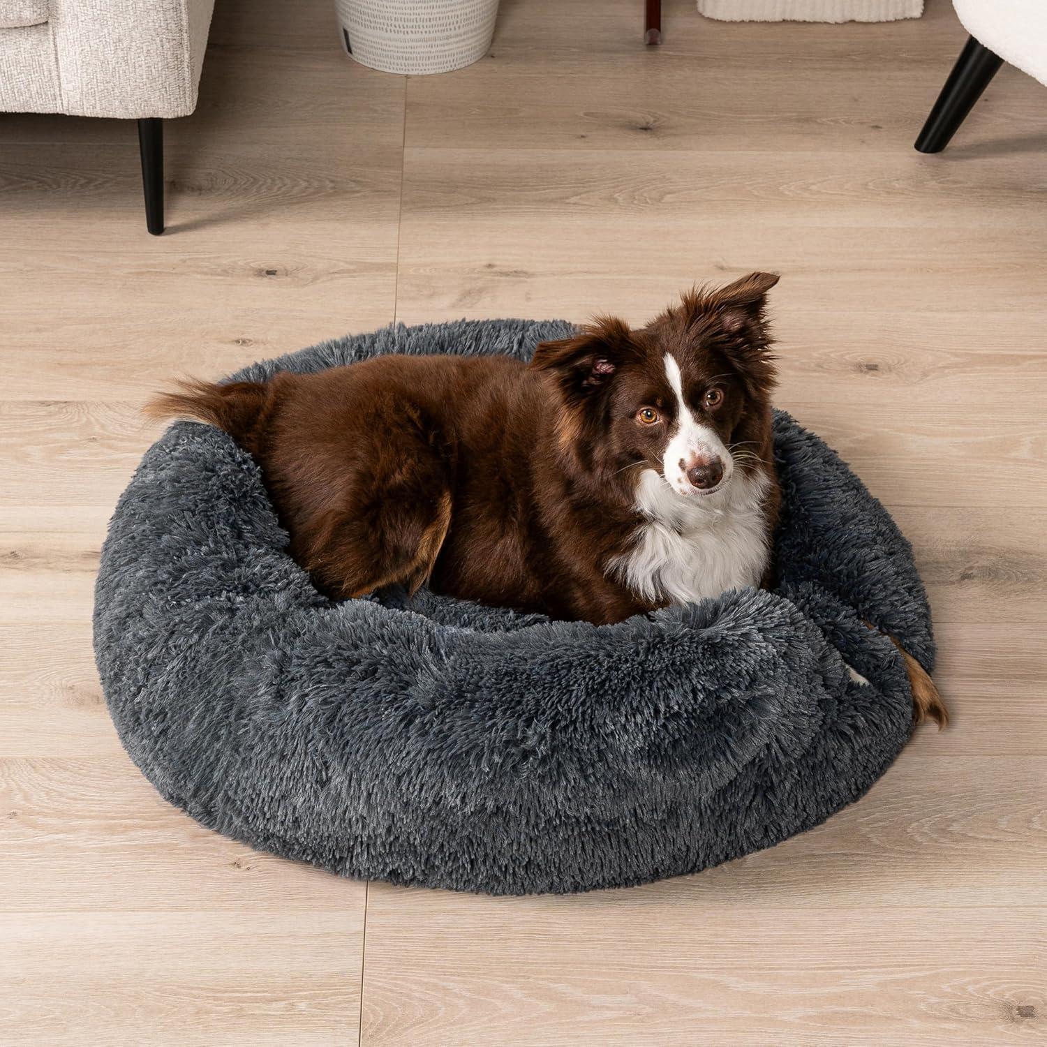 PetAmi Calming Dog Bed for Puppy Cat Kitten, Round Washable Pet Bed, Anti Anxiety Cuddler, Fluffy Plush Circular Donut Bed (Gray, Medium - 30")