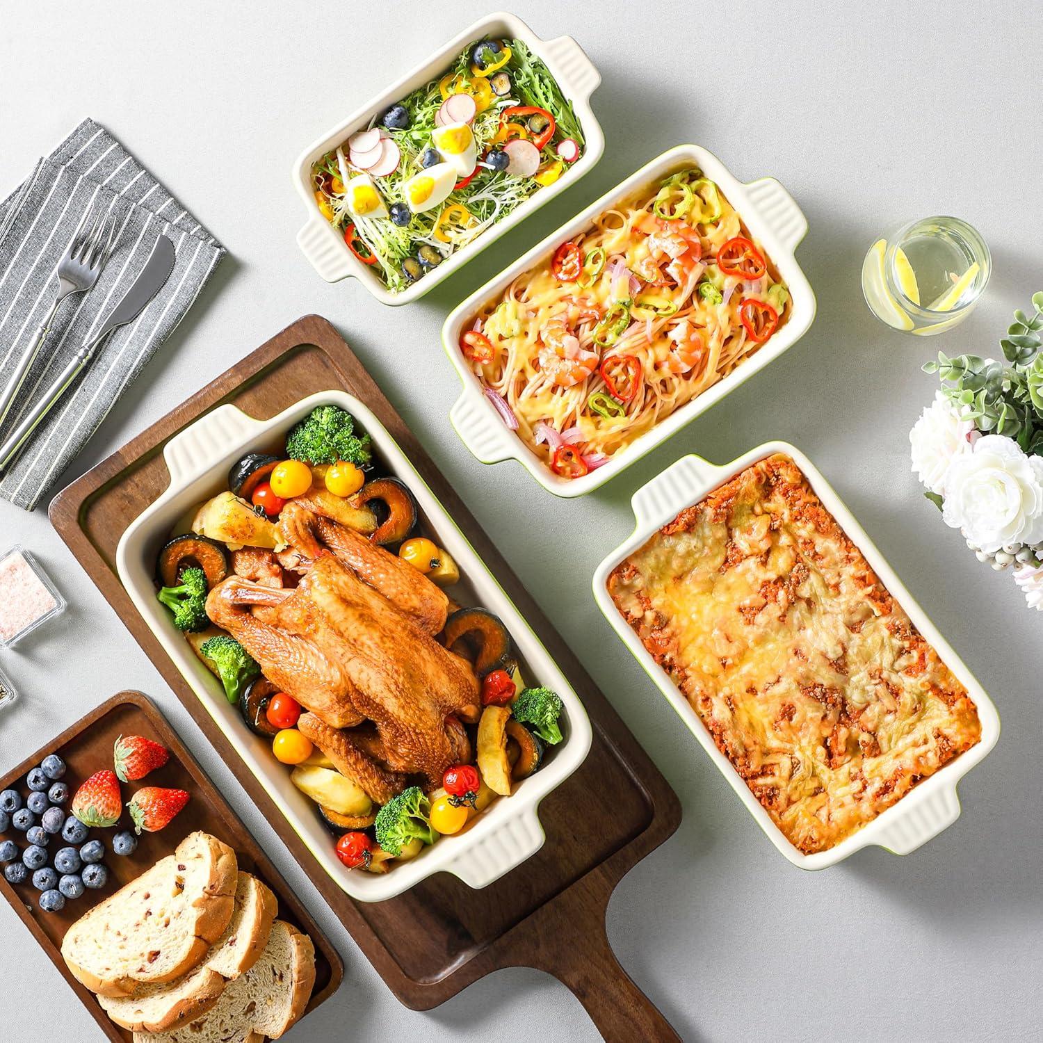 Adeco Trading Casserole Dishes For Oven, Porcelain Baking Dishes, Ceramic Bakeware Sets Of 4, Rectangular Lasagna Pans Deep With Handles For Baking Kitchen,  (9.4"/11.1"/12.2"/14.7"),