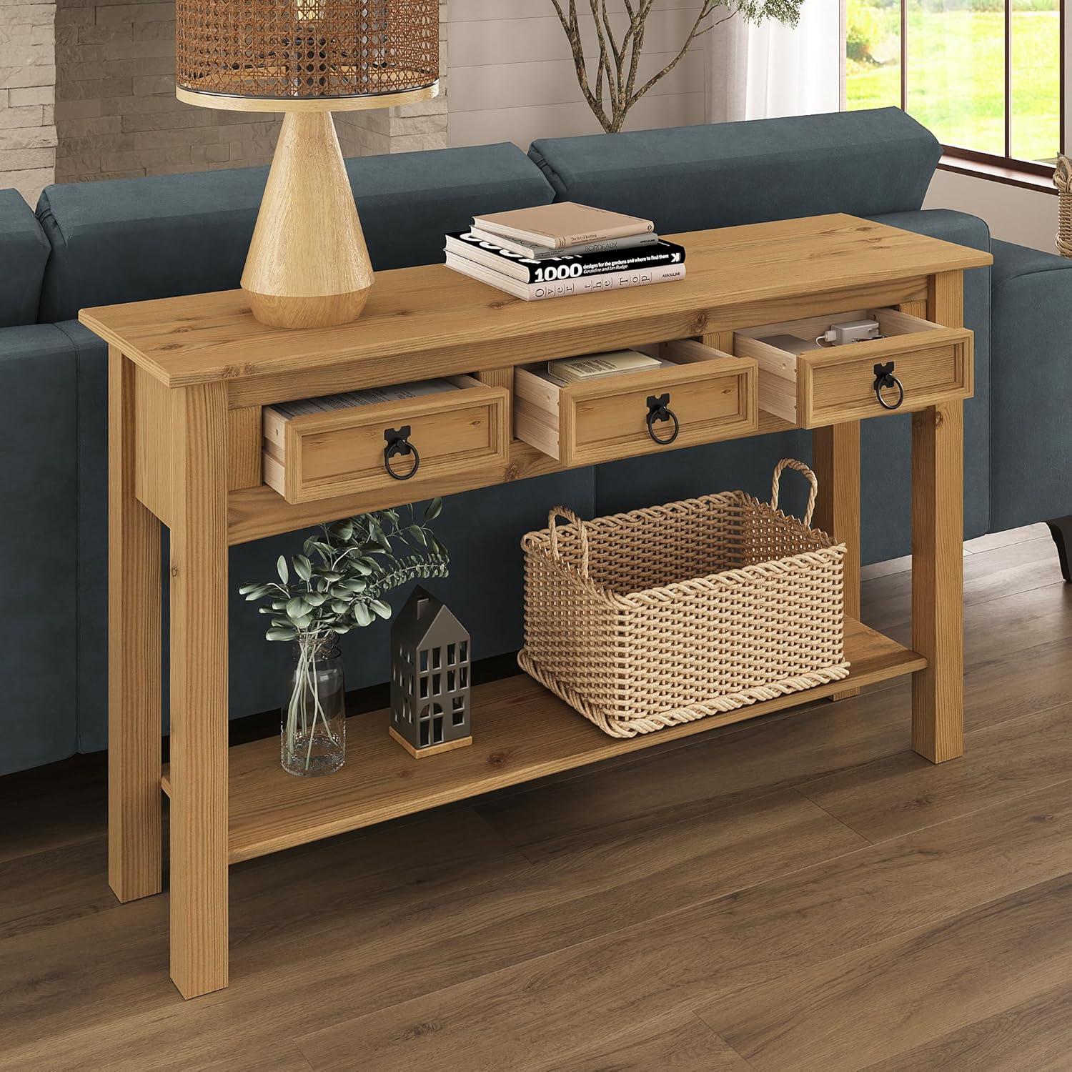 Bridge Brazil Wood Hall Table Console 3 Drawers Corona | Furniture Dash - N/A Antique brown color. Stained