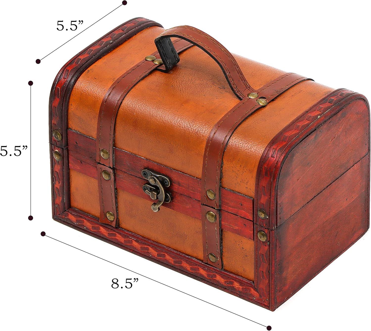 Small Brown Faux Leather and Wood Decorative Treasure Chest