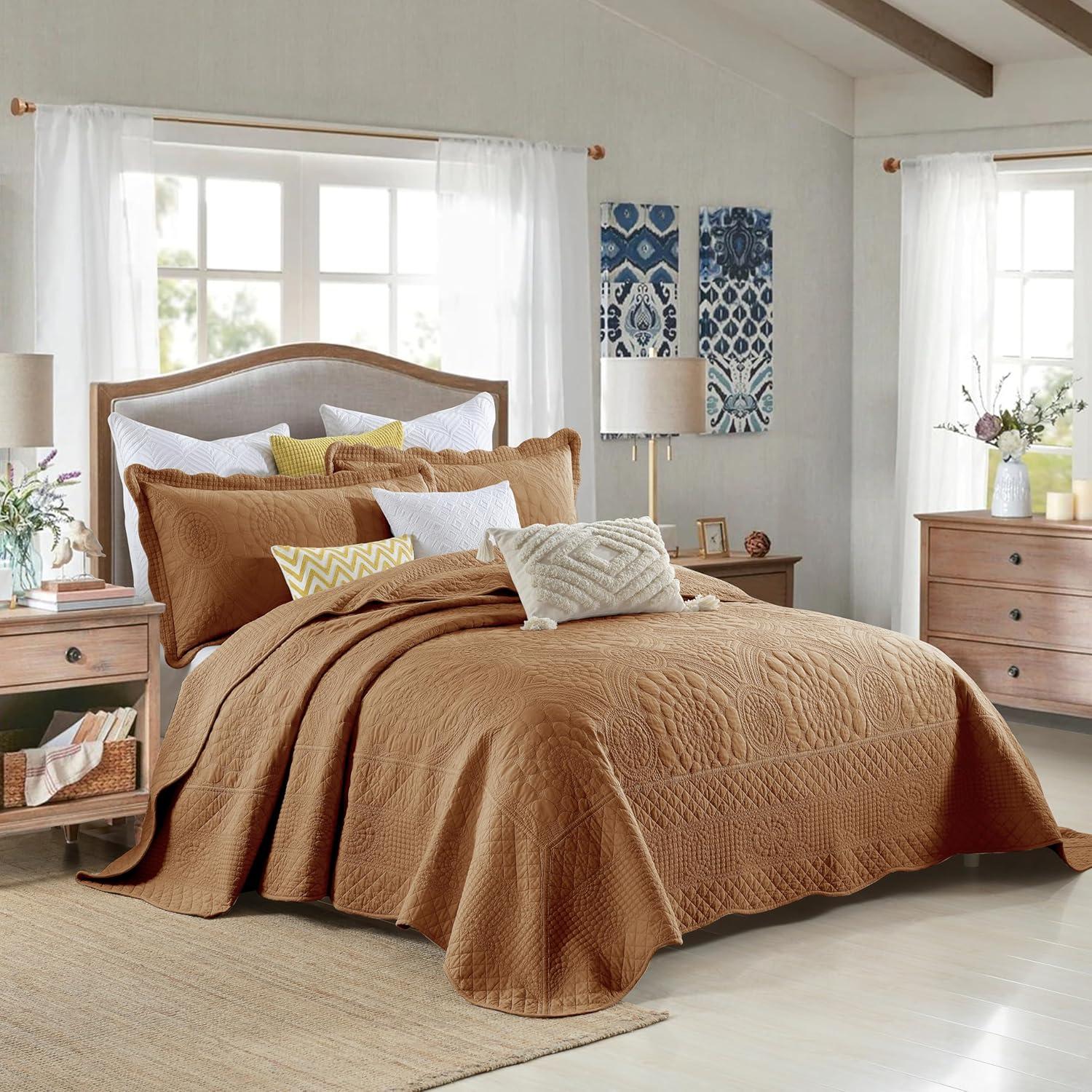Dusty Orange Cotton King Size Bedspread Quilt Set