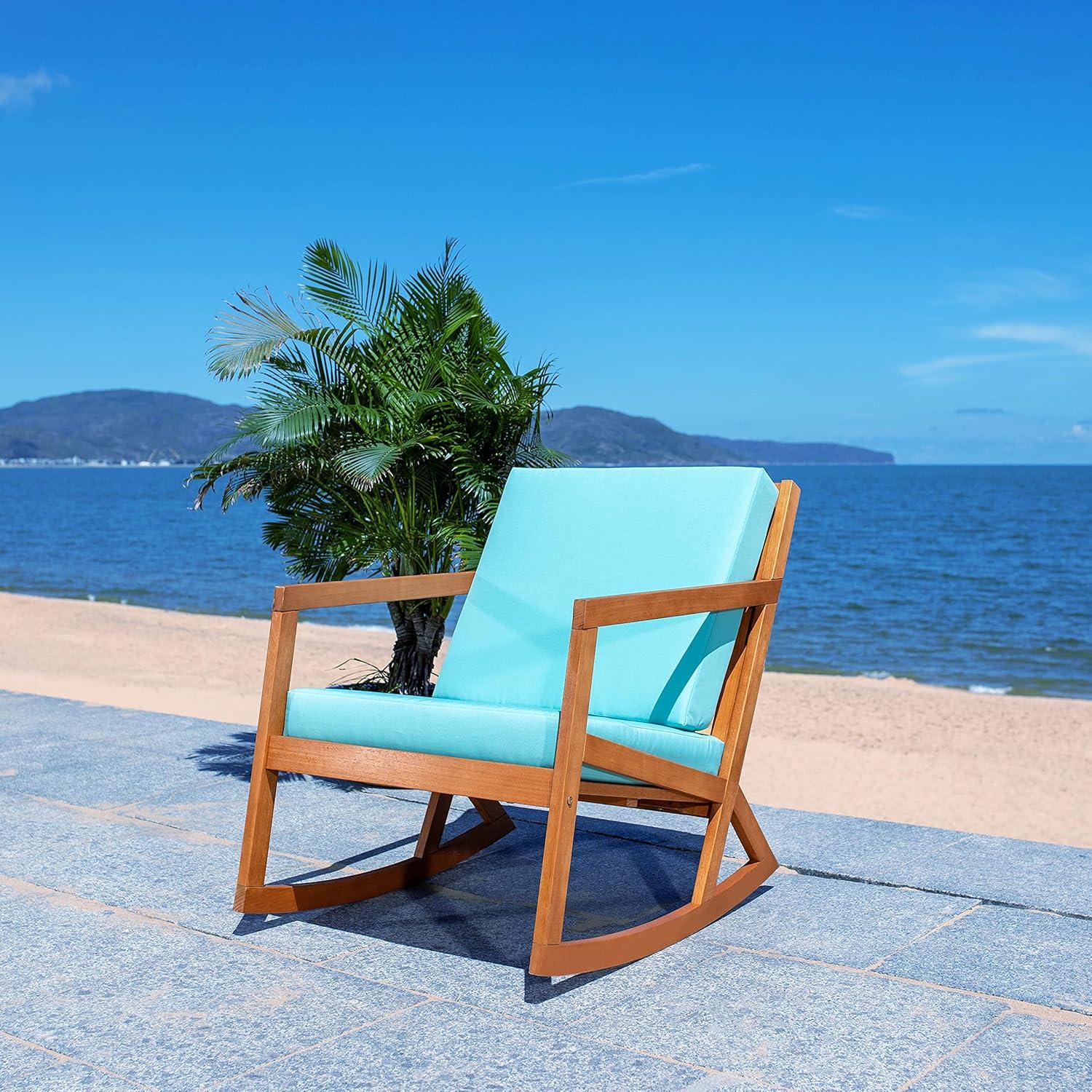 Elegant Eucalyptus Wood Outdoor Rocking Chair with Aqua Cushions