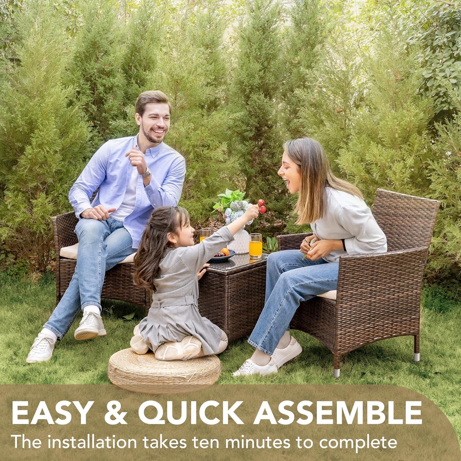 Brown and Beige 3-Piece Rattan Patio Furniture Set
