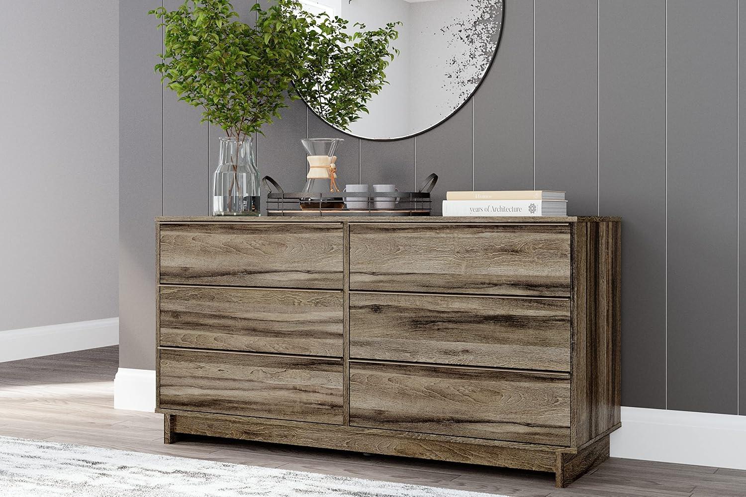 Transitional Weathered Brown 6-Drawer Dresser with Champagne Handles