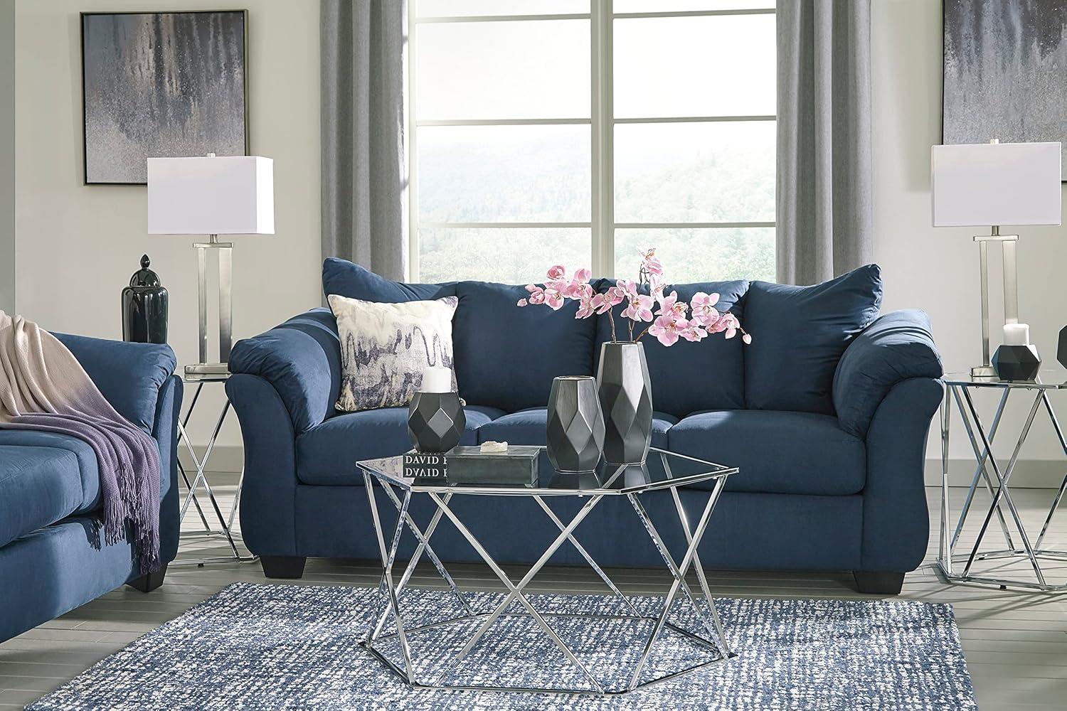 Roundhill Furniture Aruca Navy Blue Microfiber Pillow Back Sofa and Loveseat Set
