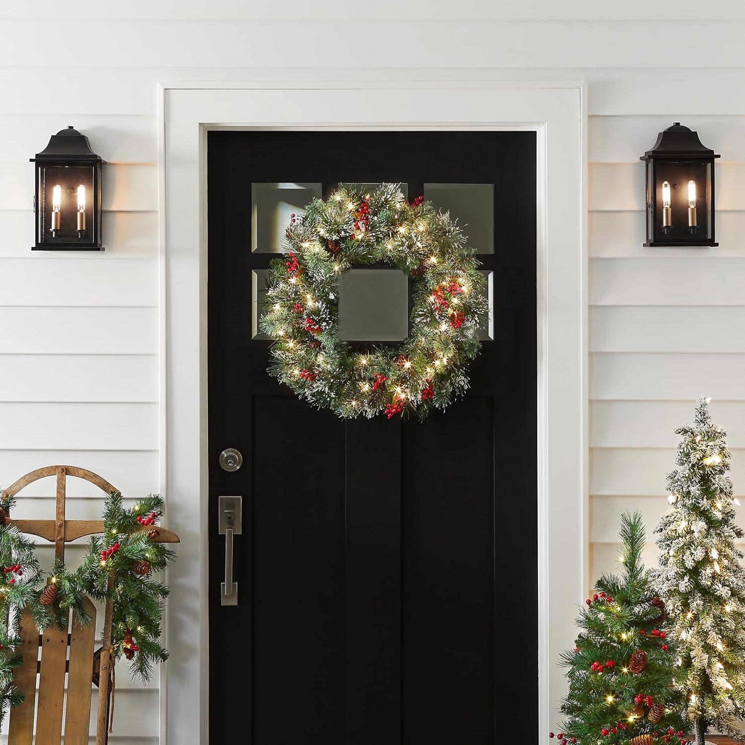 24" Prelit Flocked Crestwood Spruce Christmas Wreath with Cones White Lights - National Tree Company